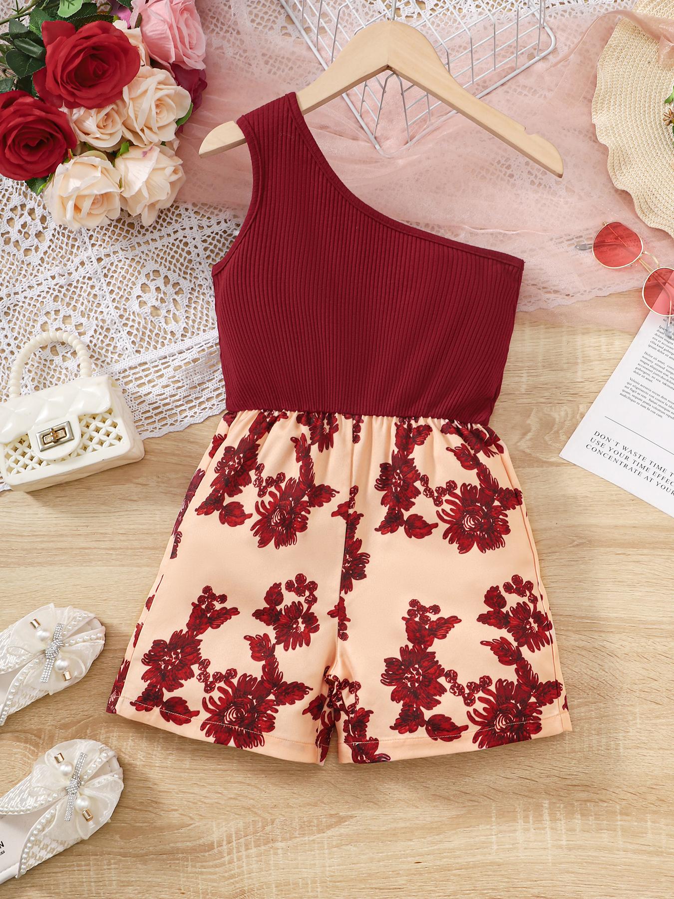 5-14Y Ready Stock Kids Clothes Girls Jumpsuits One Shoulder Splice Bodysuits One Piece Butterfly Print Summer Jumpsuits Brown Catpapa 462303024