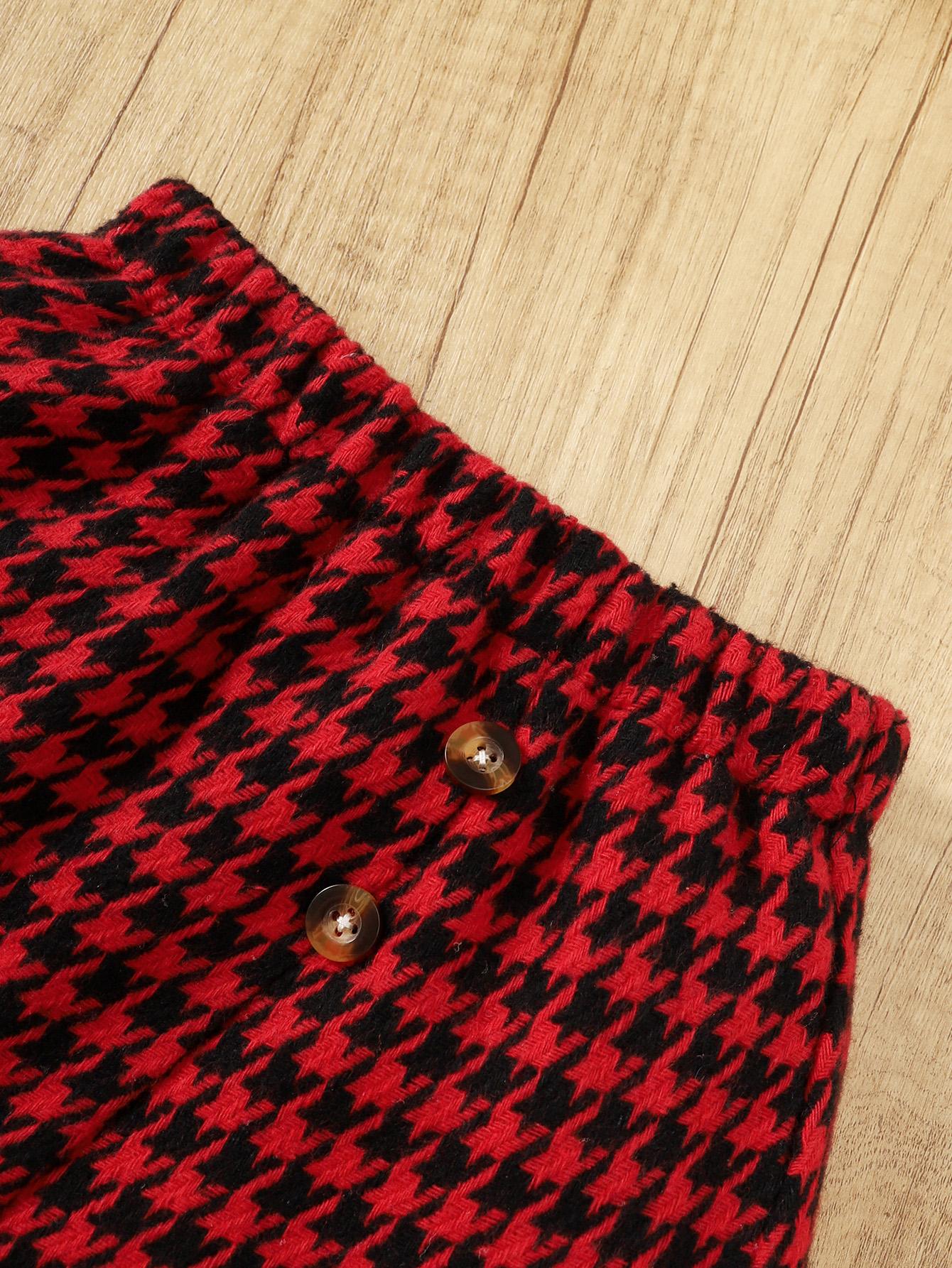 2-7Y Kids Girls Skirts Sets Long Sleeve Pure Color Tops Asymmetrical Houndstooth Skirts Spring Autumn 2Pcs Clothing Black Catpapa 462308161