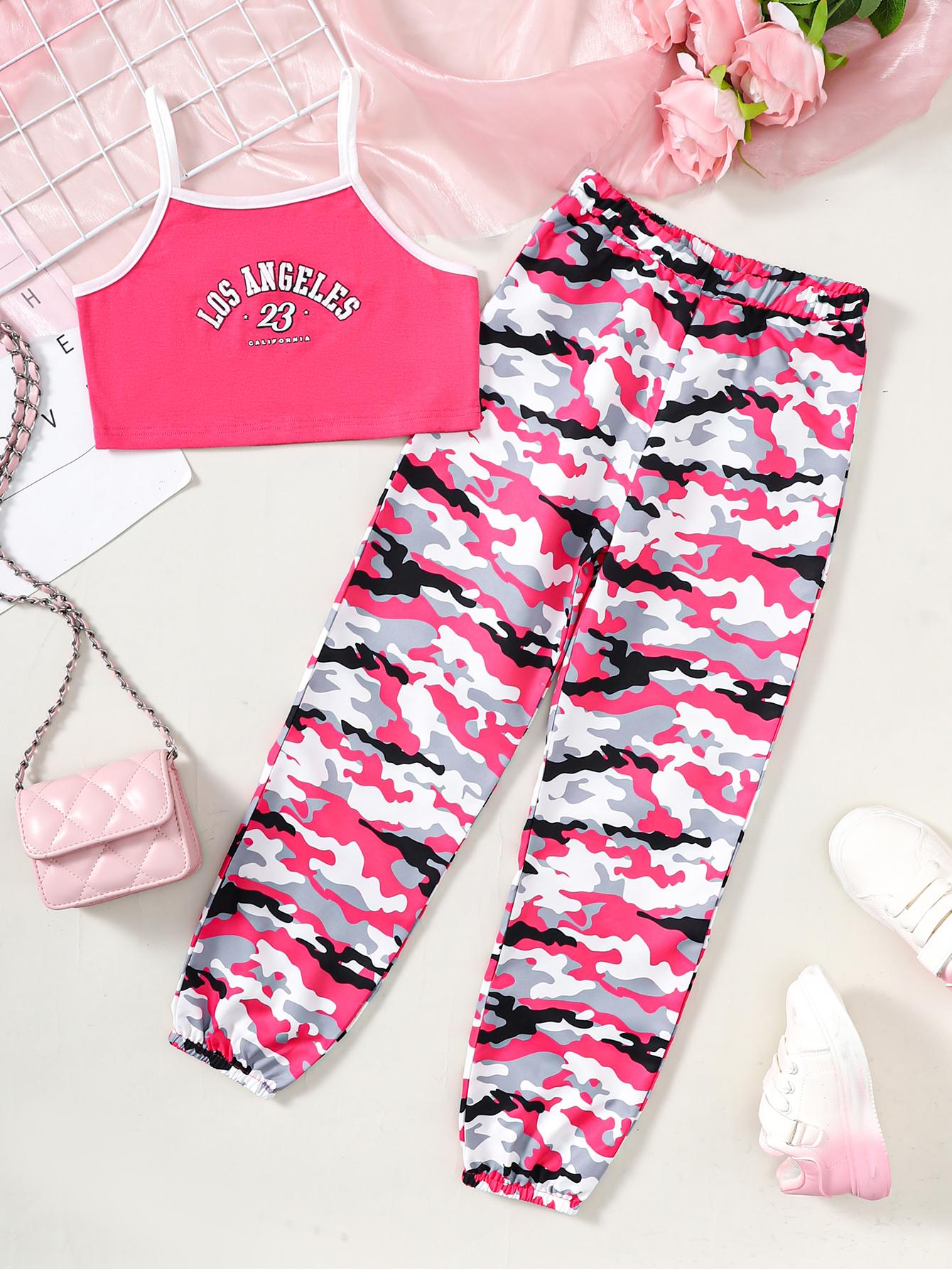 8-14Y Big Girls Clothes Los Angeles Elastic Camouflage Pants 2Pcs Spring Summer Outfits Rose Red Catpapa 462311019