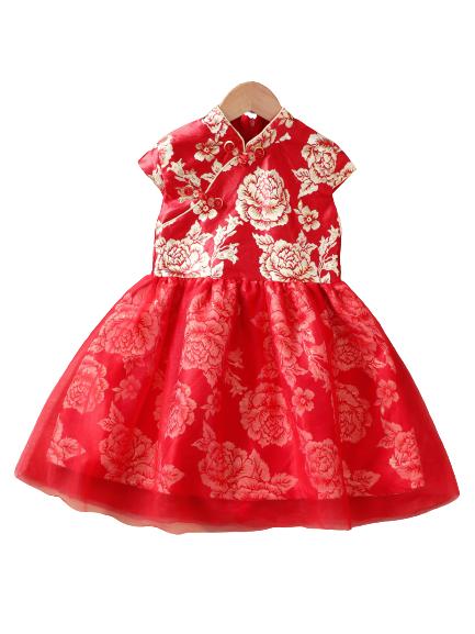 12M-7Y Girls Gauze Satin Dress Tangzhuang Peony Embroidery V-neck Cheongsam Qipao Sleeveless Dress Clothes Red Catpapa YL1193