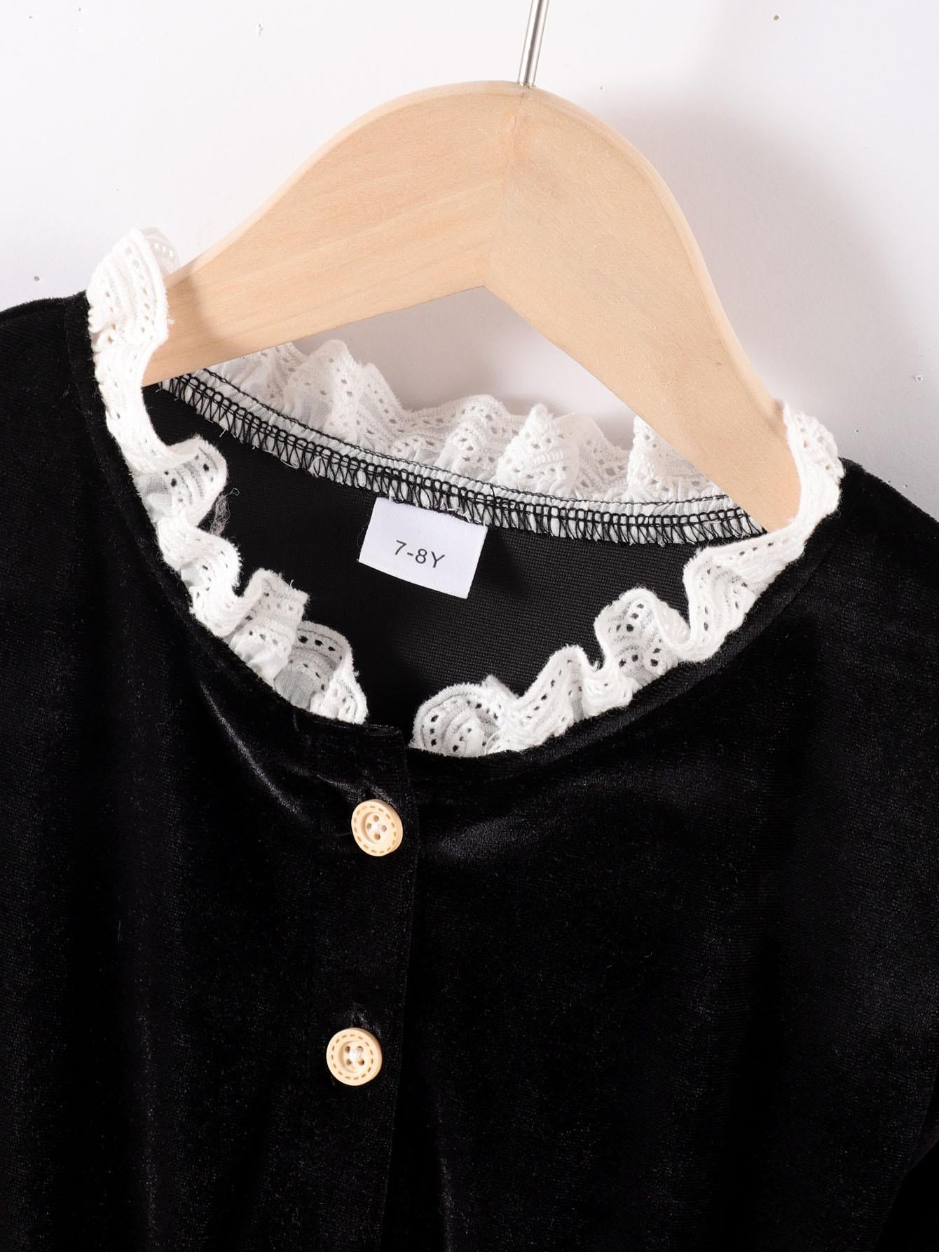 8-14Y Ready Stock Kids Clothes Girls Dress Retro Velvet Lace Solid Color Dress One Piece Leisure Dress Black Catpapa 462304011