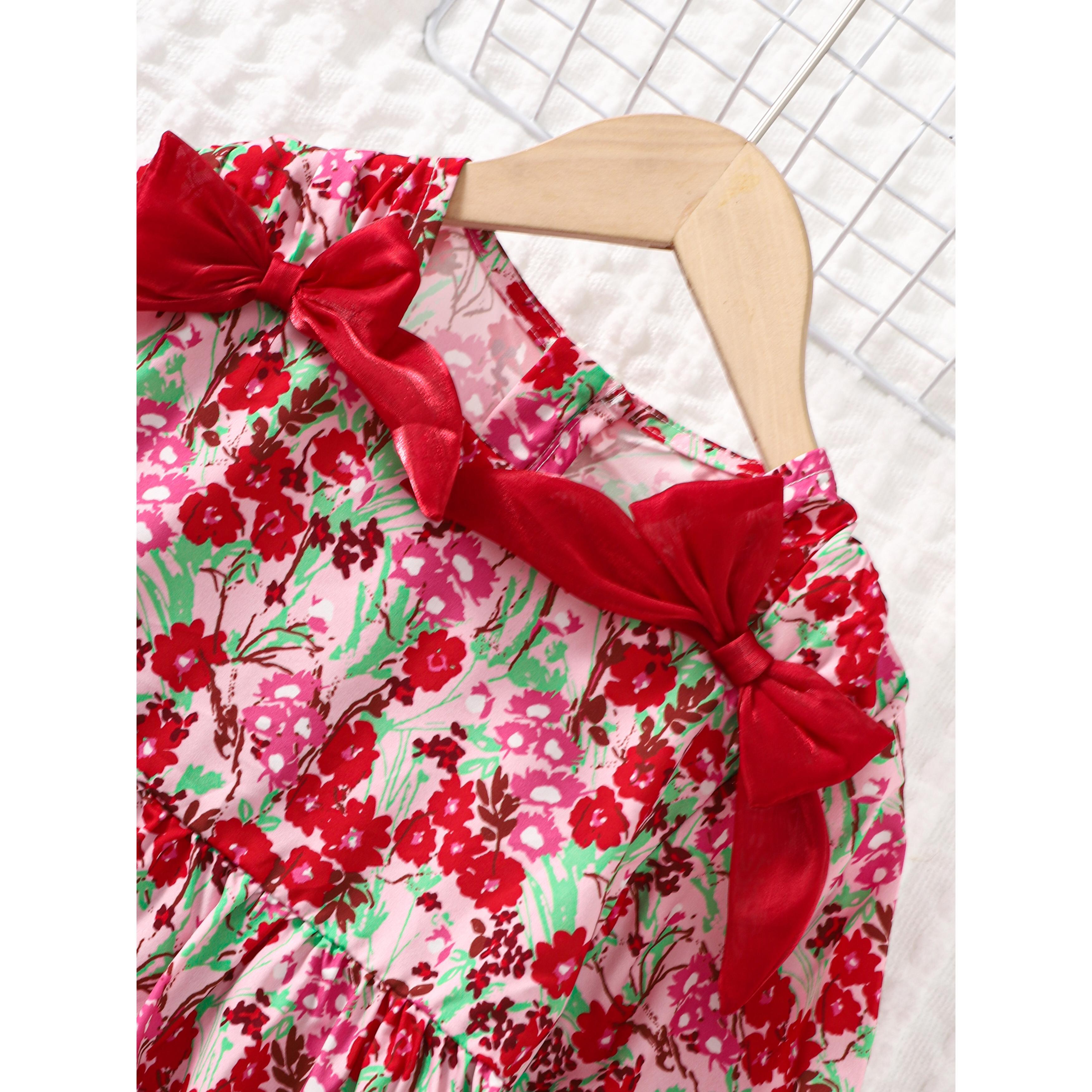 1-8Y Ready Stock Kid Toddler Girls Dress Floral Print Long Sleeve Bow Dress One Piece Casual Dress 1-8Y Red Catpapa 462306309