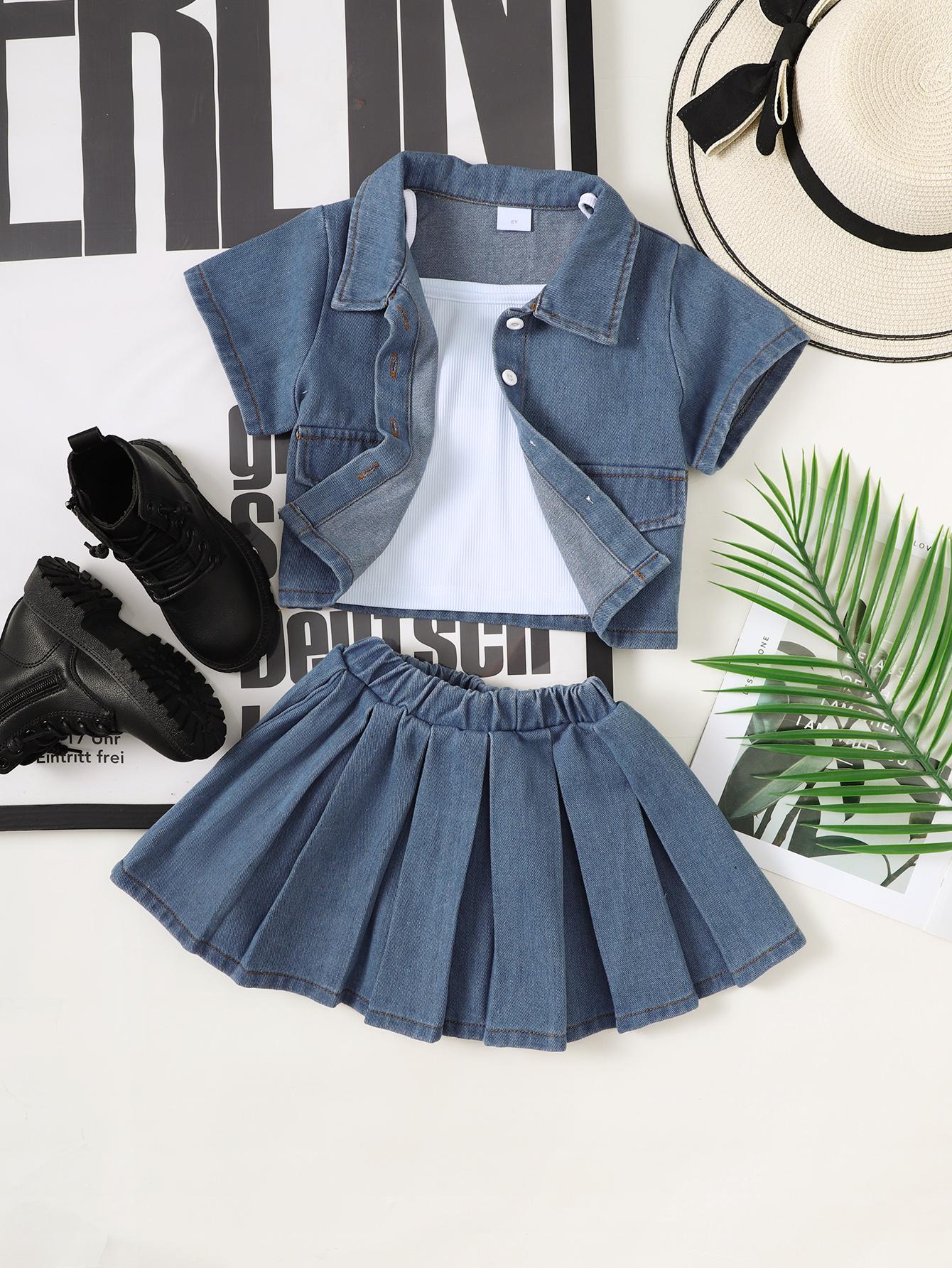 4-7Y 3PCS Girls Denim Set, Short Sleeve Denim Jacket + Denim Pleated Skirt + Camisole Set For Outdoor Music Festival Sizes 4-7 Catpapa 462312180