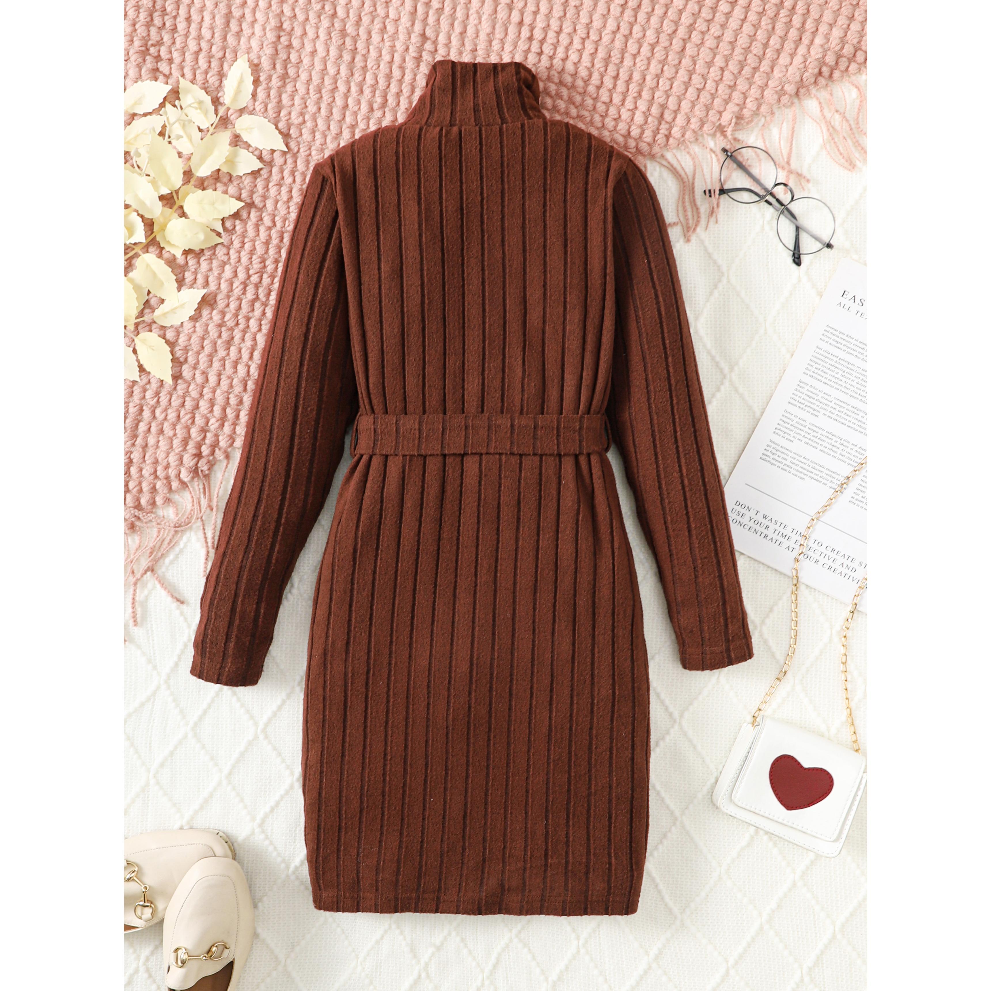 8-14Y Big Girls Elegant Dress Rib Solid Color Stan-up Collar Fall Winter Long Sleeve Dress With A Belt Catpapa 462308017