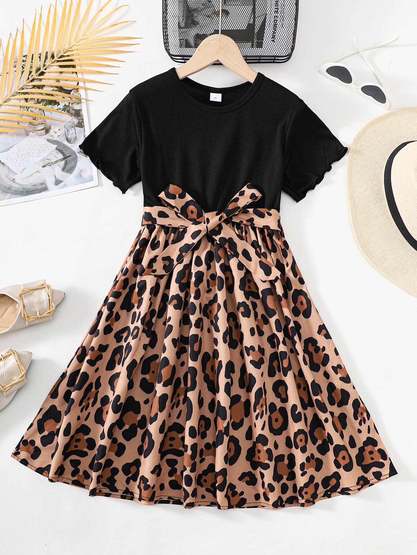 8-14Y Ready Stock Big Girls Dress Leopard Print Splice Short Sleeve Summer Casual Dress With A Belt Black Catpapa 462311016