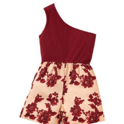 5-14Y Ready Stock Kids Clothes Girls Jumpsuits One Shoulder Splice Bodysuits One Piece Butterfly Print Summer Jumpsuits Brown Catpapa 462303024