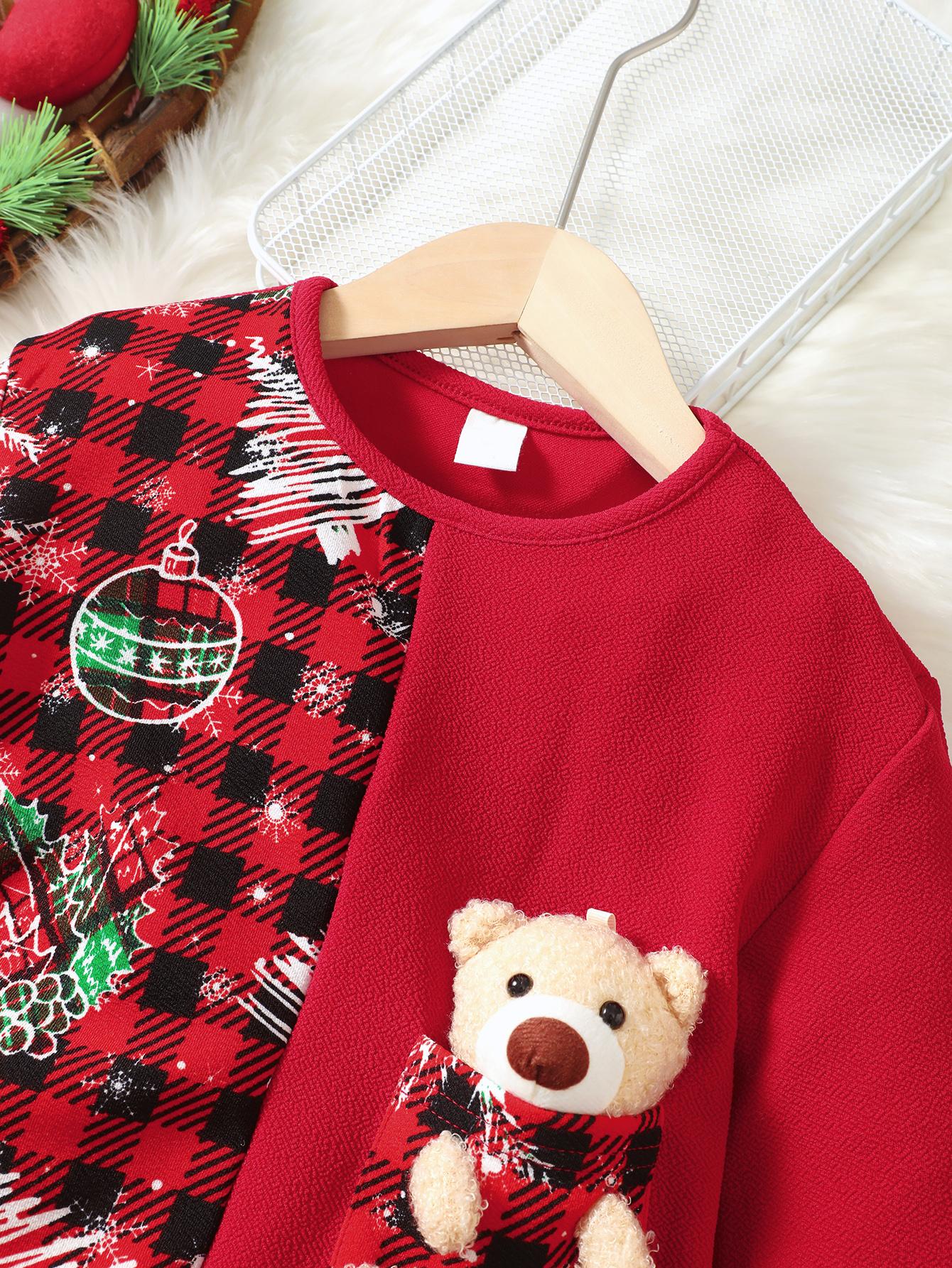 4-7Y 2-piece Girls' Christmas Dress Red Plaid Print Crew Neck Sweatshirt Dress And Plush Toy Bear Set Kids Fall/Winter Clothes Catpapa JIT10432537