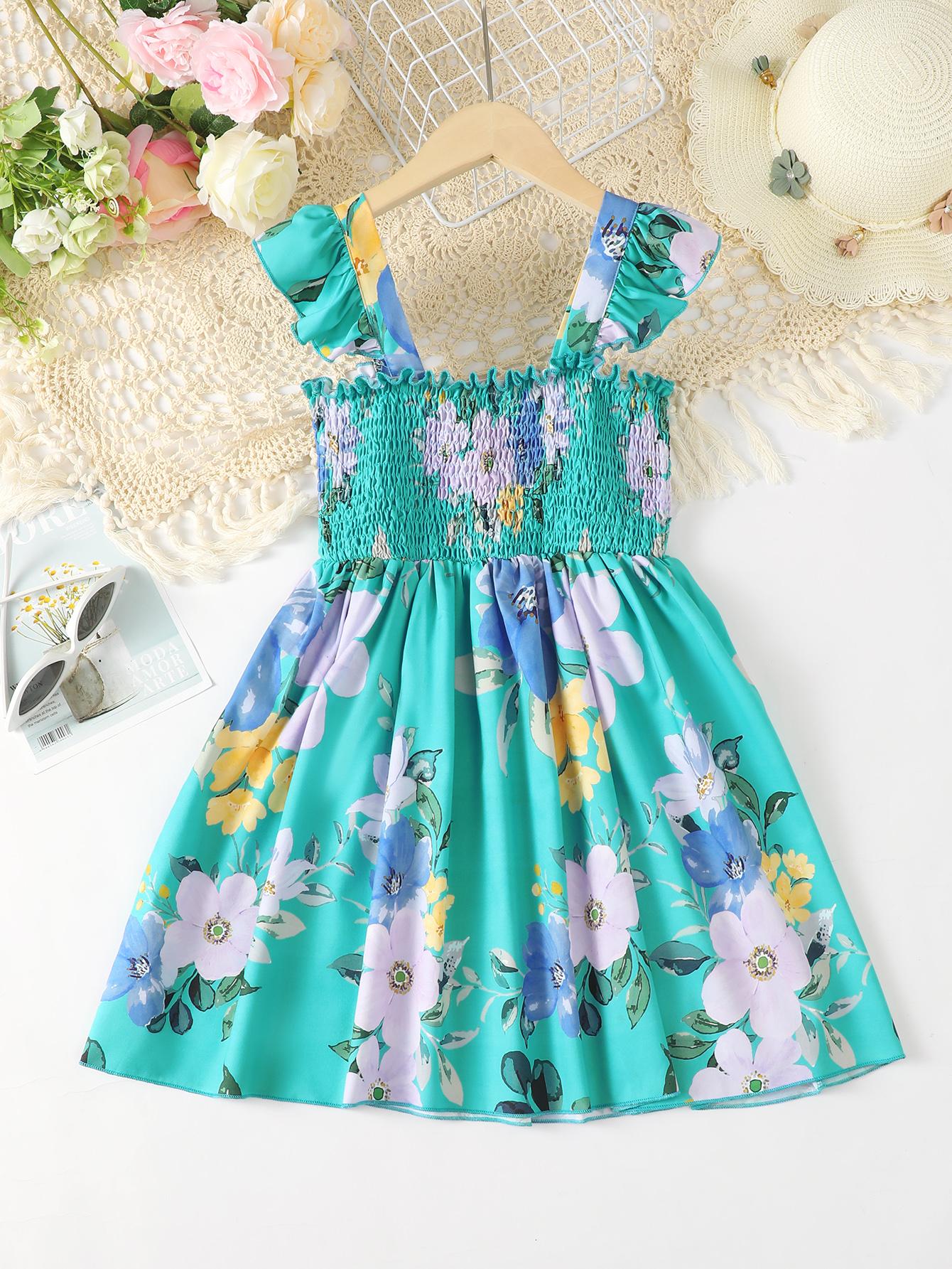 5-14Y Ready Stock Kids Clothes Girls Dress Floral Print Straps For Summer Smocking Dress One Piece Hawaii Style Dress Blue Catpapa 462302016
