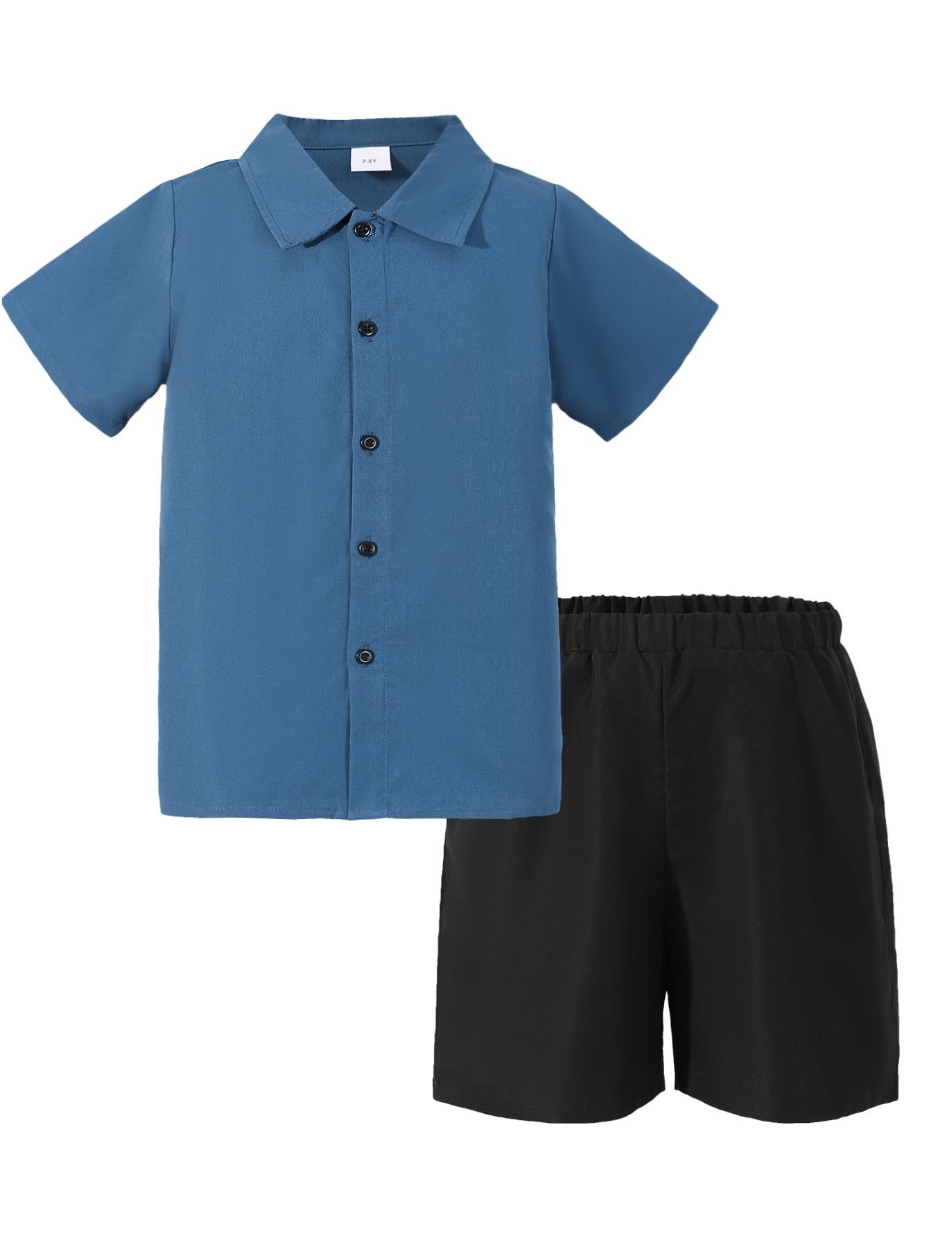 7-15Y Ready Stock Boys' Easy-Care 100% Polyester Summer Outfit: Casual Button-Down Shirt & Shorts Set with Elastic Waist Sizes 7-15Y Catpapa 462401009
