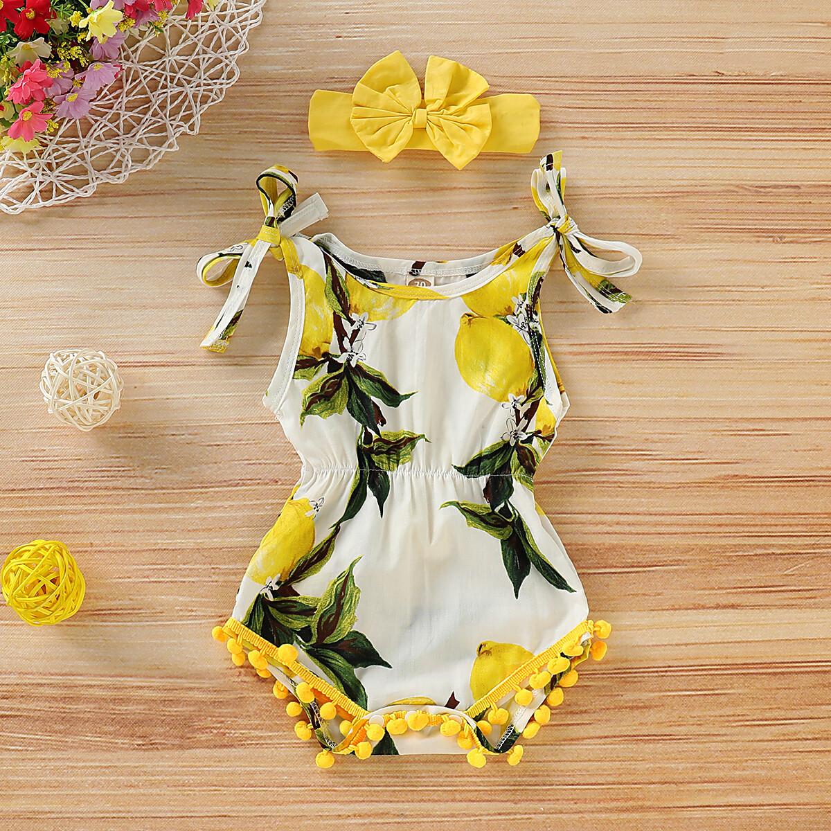3-18M Kid Fashion Girl Clothes Strap Lemon Print One Piece Jumpsuit Baby Girl Onesie Bodysuit P Catpapa 196002