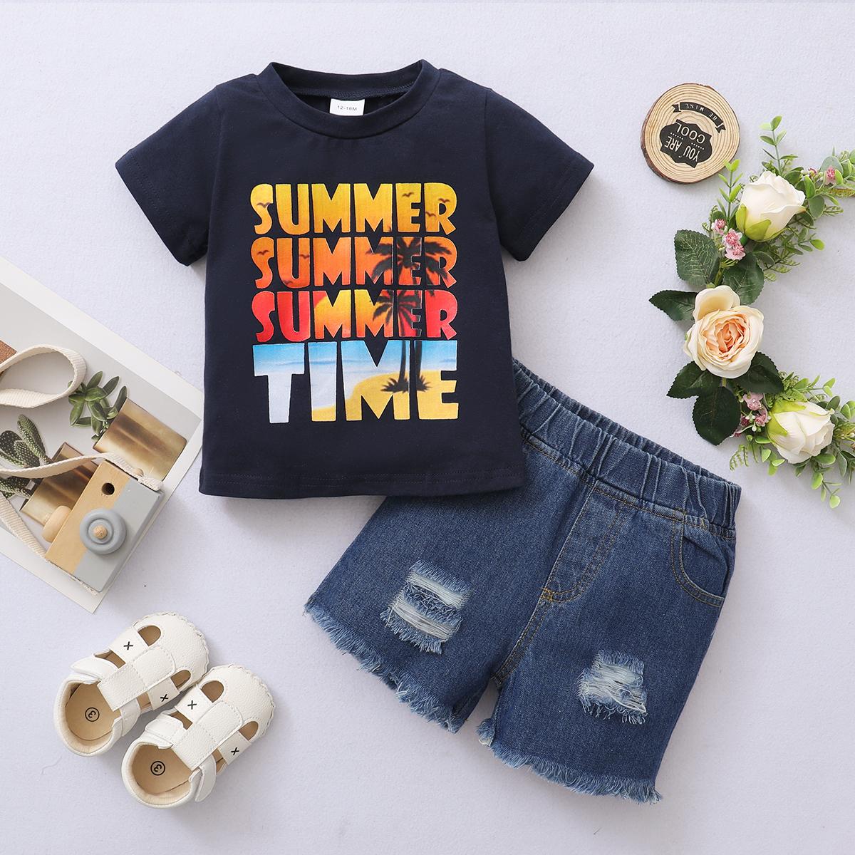 12M-4Y Kids Fashion Boys Clothes Letter Print Tops Ripped Jeans Shorts 2PCS Black Catpapa 12011047