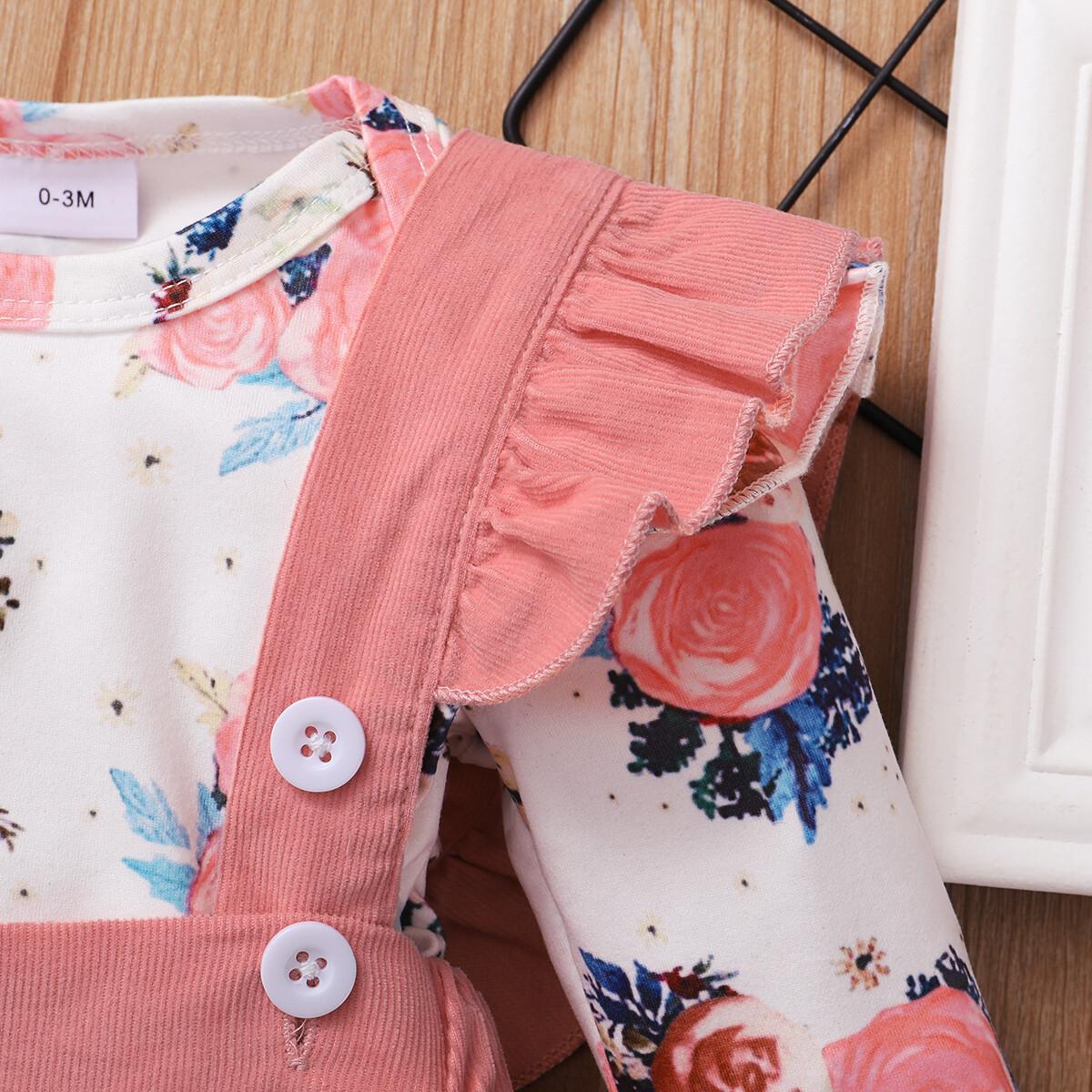 0-12M Newborn Baby Girl Fall Clothes Long Sleeve Pink Ruffle Floral Romper Dress Wholesale Baby Clothes Catpapa 22010092