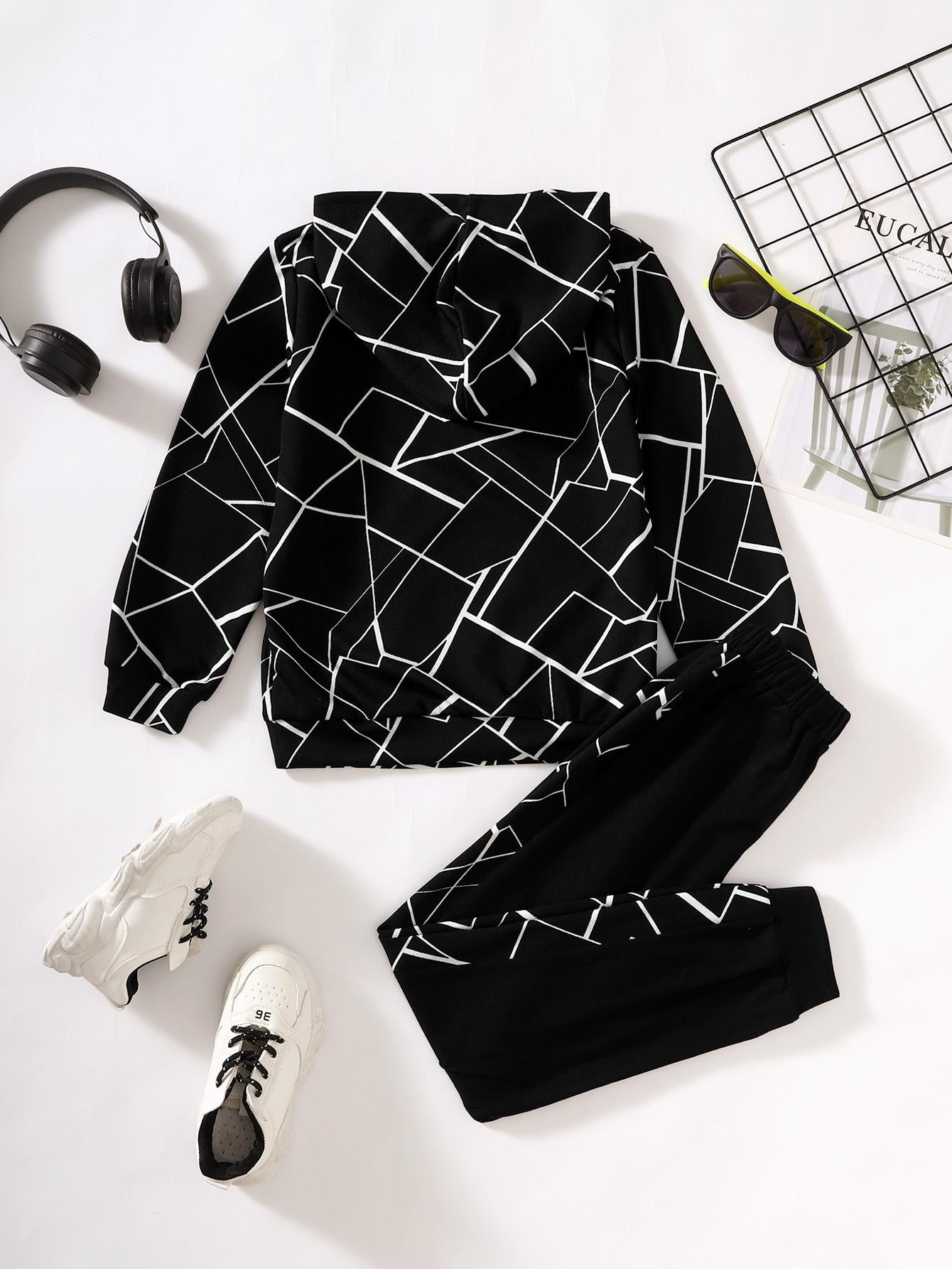 5-14Y Ready Stock Kids Clothes Boys Clothes Geographical Printing Fall Hoodies Elastic Splice Winter Pants 2Pcs Outfits Set Black 462304015