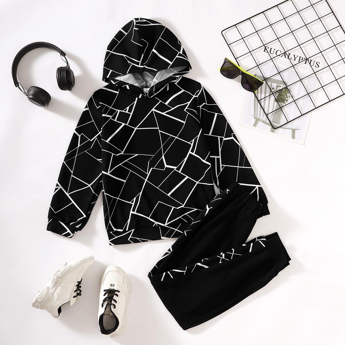 5-14Y Ready Stock Kids Clothes Boys Clothes Geographical Printing Fall Hoodies Elastic Splice Winter Pants 2Pcs Outfits Set Black 462304015