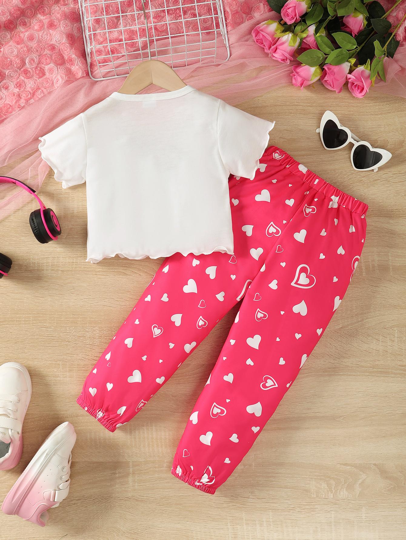 4-7Y Kid Girls' Valentine's Day Pants Sets Pagoda Sleeve Tops Elastic Heart Print Trousers 2Pcs Clothing From 4Y-7T White Catpapa GS132312162