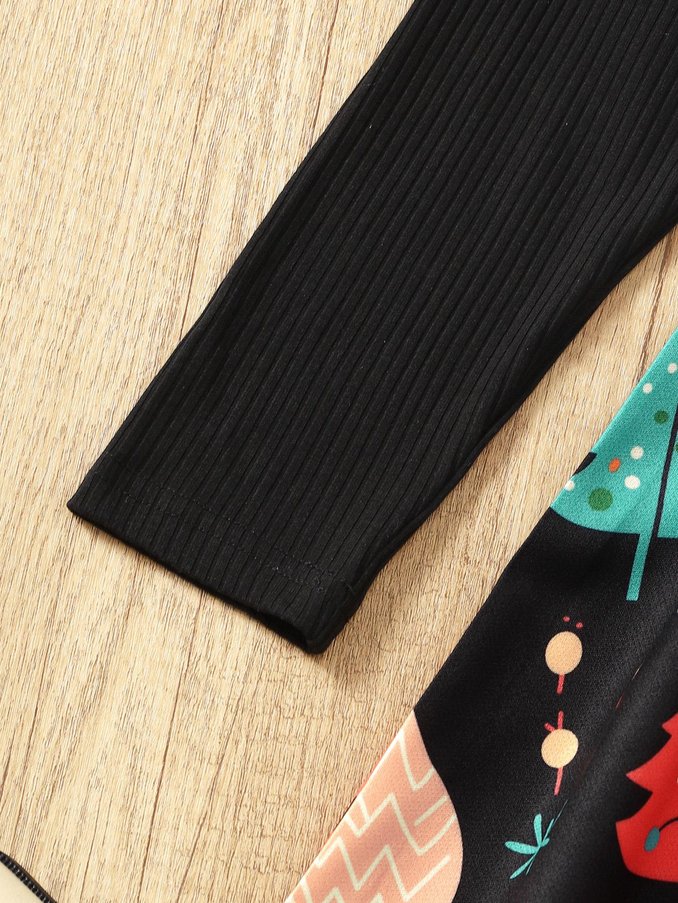 8-14Y Ready Stock Big Girls Dress Christmas Tree Print Bow Belt Splice Fall Winter Dress One Piece Feast Dress Black Catpapa 462308010