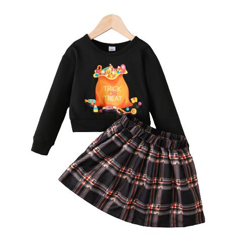 3-8Y Kids Girls Halloween Outfits Skirt Sets "TRICK OR TREAT" Candy Print Long Sleeve Tops Plaid Pleated Skirts 2Pcs Clothing Black Catpapa 462307158