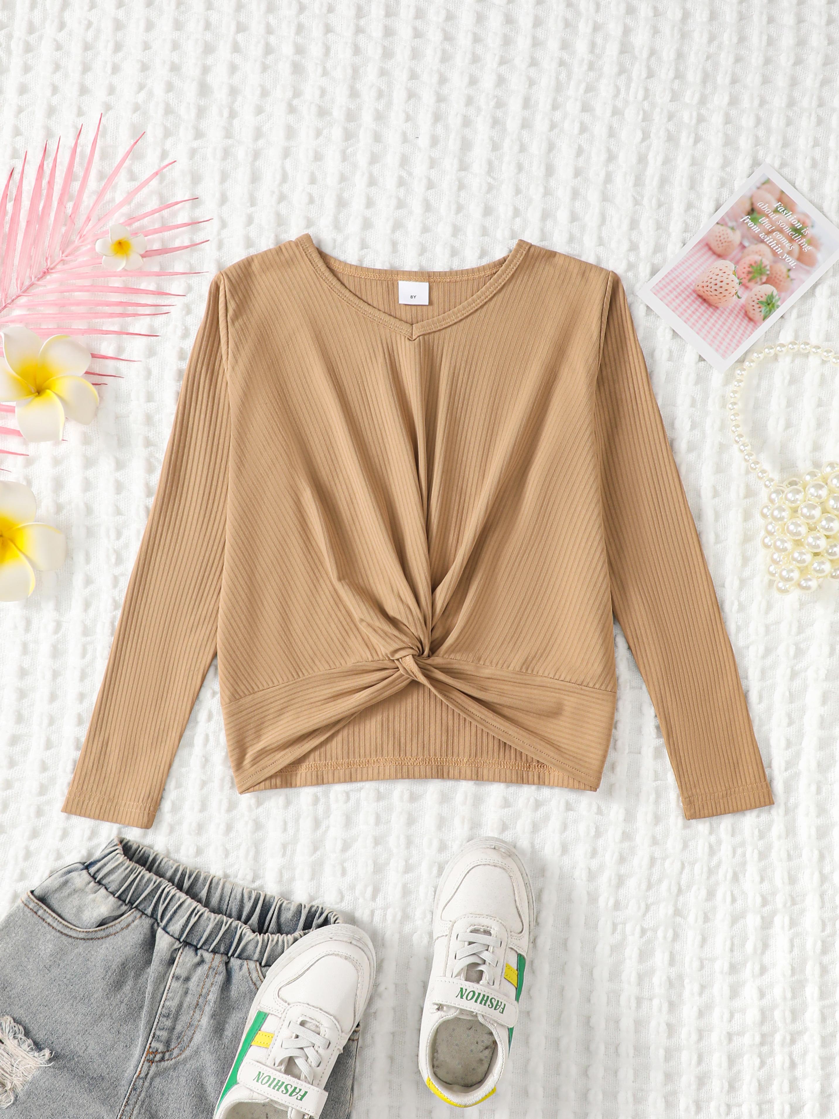 8-14Y Ready Stock 8-14y Kid Girls Shirt Twist Knot Casual V-neck Solid Color Long Sleeve Pullover Top Kakhi Catpapa 462306023