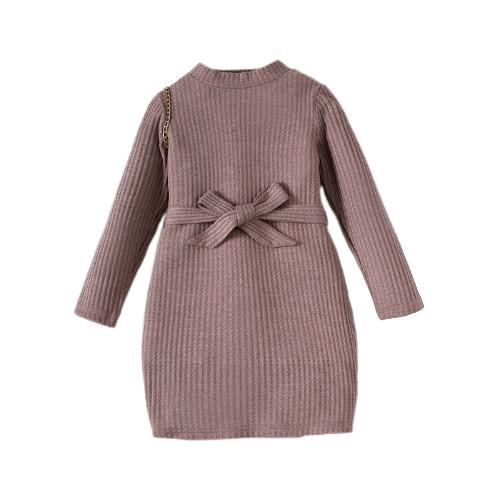 1-8Y Ready Stock Toddler Girls Fall Winter Clothes Waffle Knit Long Sleeve Dress With Belt Pinkish PurpleCatpapa 462304006