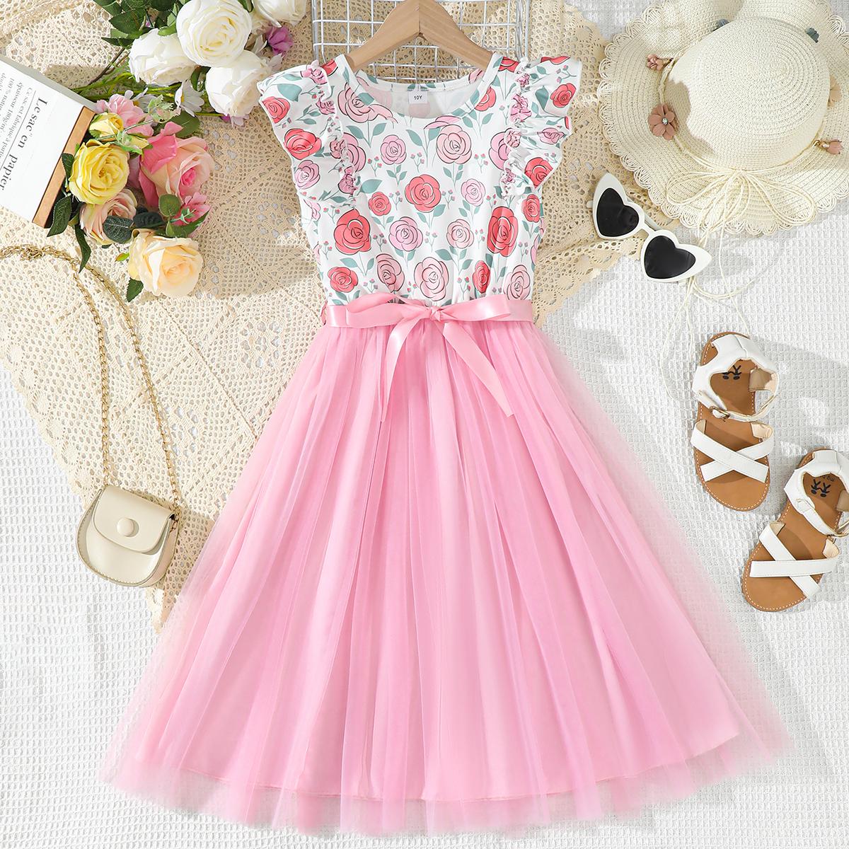 8-12Y Ready Stock 8-12y Big Girls Feast Dress Rose Print Ruffle Splice Gauze Sleeveless Dress One Piece Princess Dress Pink Catpapa YCS132312303