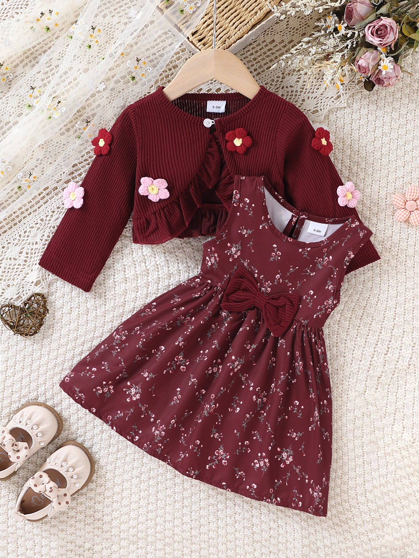 Wholesale 6M-3T Girls 2Pcs Floral Tank Dress & 3D Flower Knit Shrug Set, Soft Rib Knit Vintage Toddler Outfit