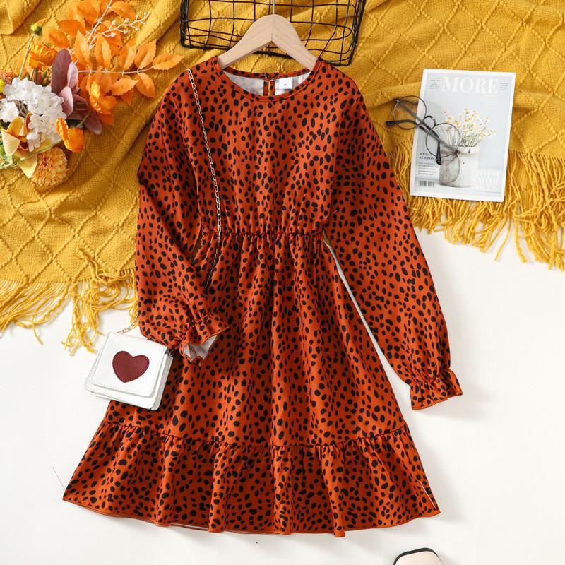 8-14Y Big Girls Dress Elegant Leopard Print Flare Long Sleeve Dress One Piece Trendy Casual Dress For Fall Reddish Brown Catpapa 462308009