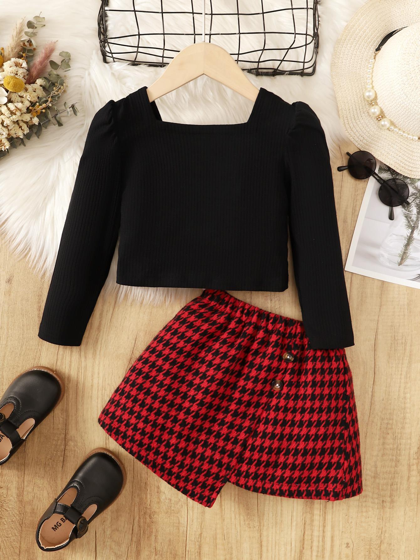 2-7Y Kids Girls Skirts Sets Long Sleeve Pure Color Tops Asymmetrical Houndstooth Skirts Spring Autumn 2Pcs Clothing Black Catpapa 462308161