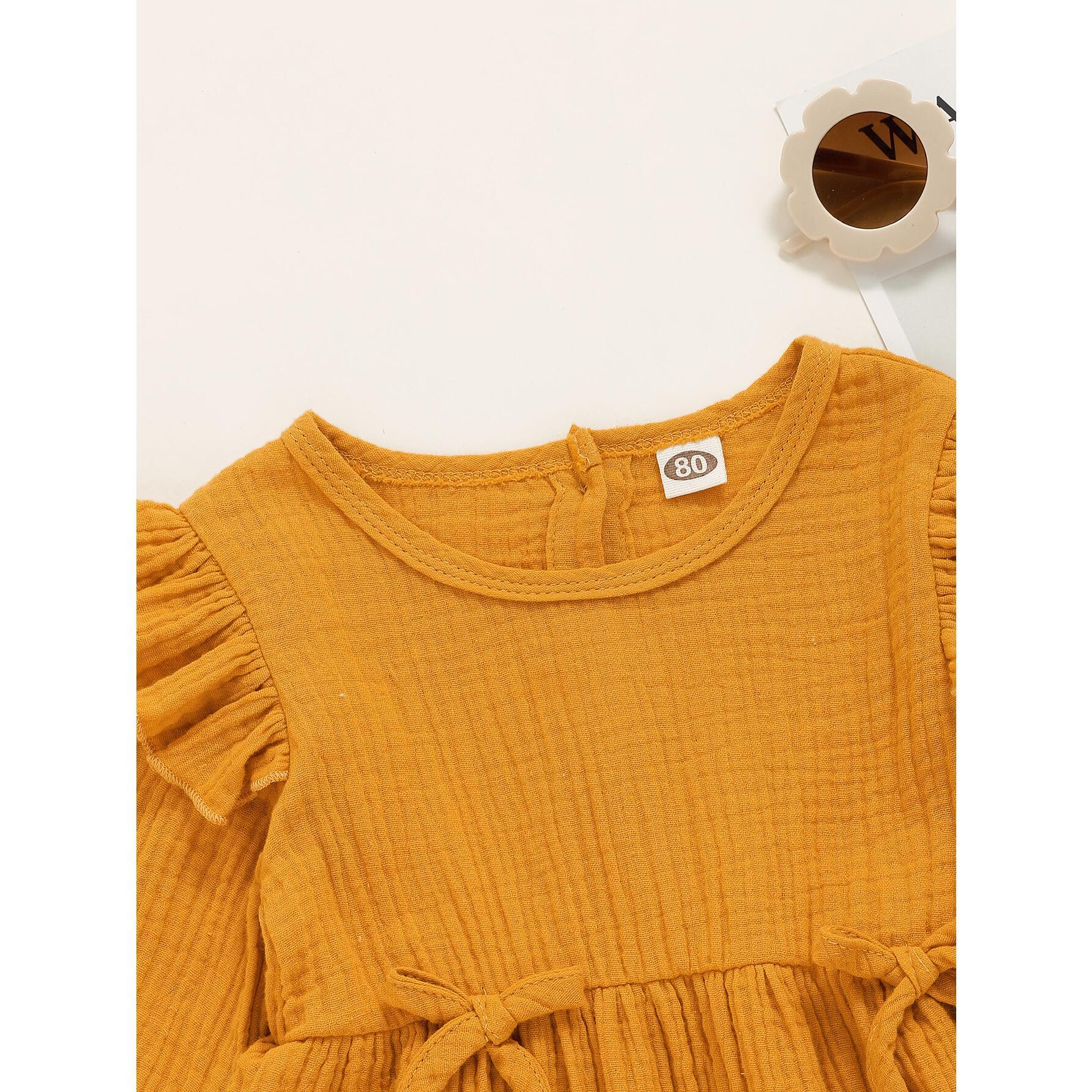 3-24M Newborn Baby Girl Dress Ruffle Long Sleeve Round Neckline Dress Casual Dress Yellow Catpapa WL20071137