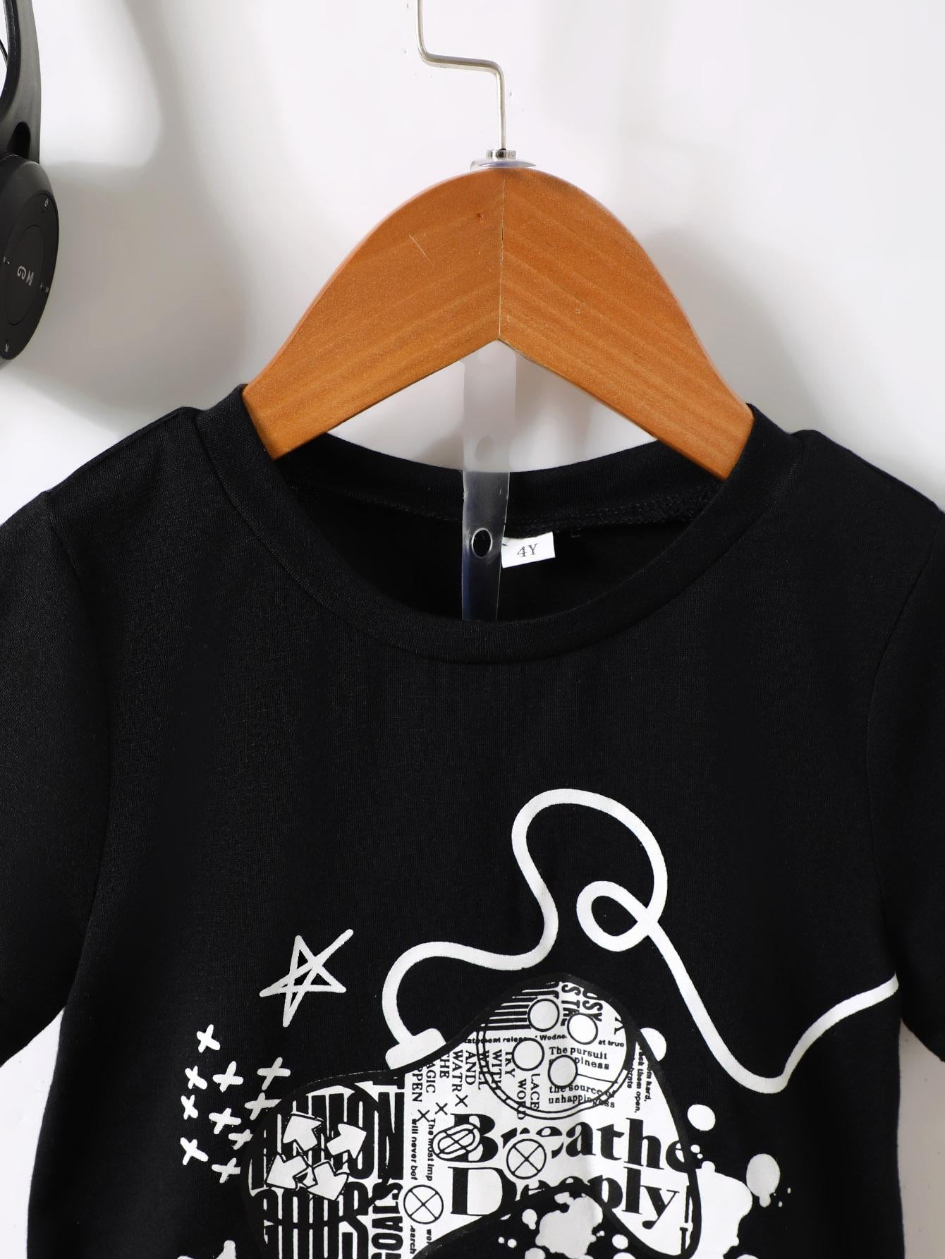 4-7Y Baby Boys Clothes Set Games Console Print Casual Tops For Summer Elastic Full Print Shorts 2Pcs Outfits Black Catpapa YCF112210752