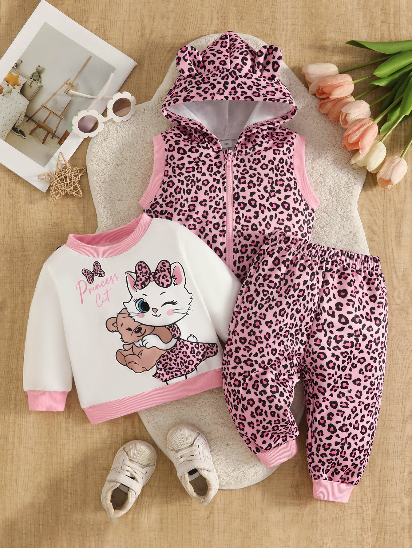 Wholesale 6M-3T Girls 3Pcs Cartoon Cat Leopard Hooded Vest Outfit Set, Soft Cotton Knit Toddler Outdoor Sweatshirt & Jogger Pants