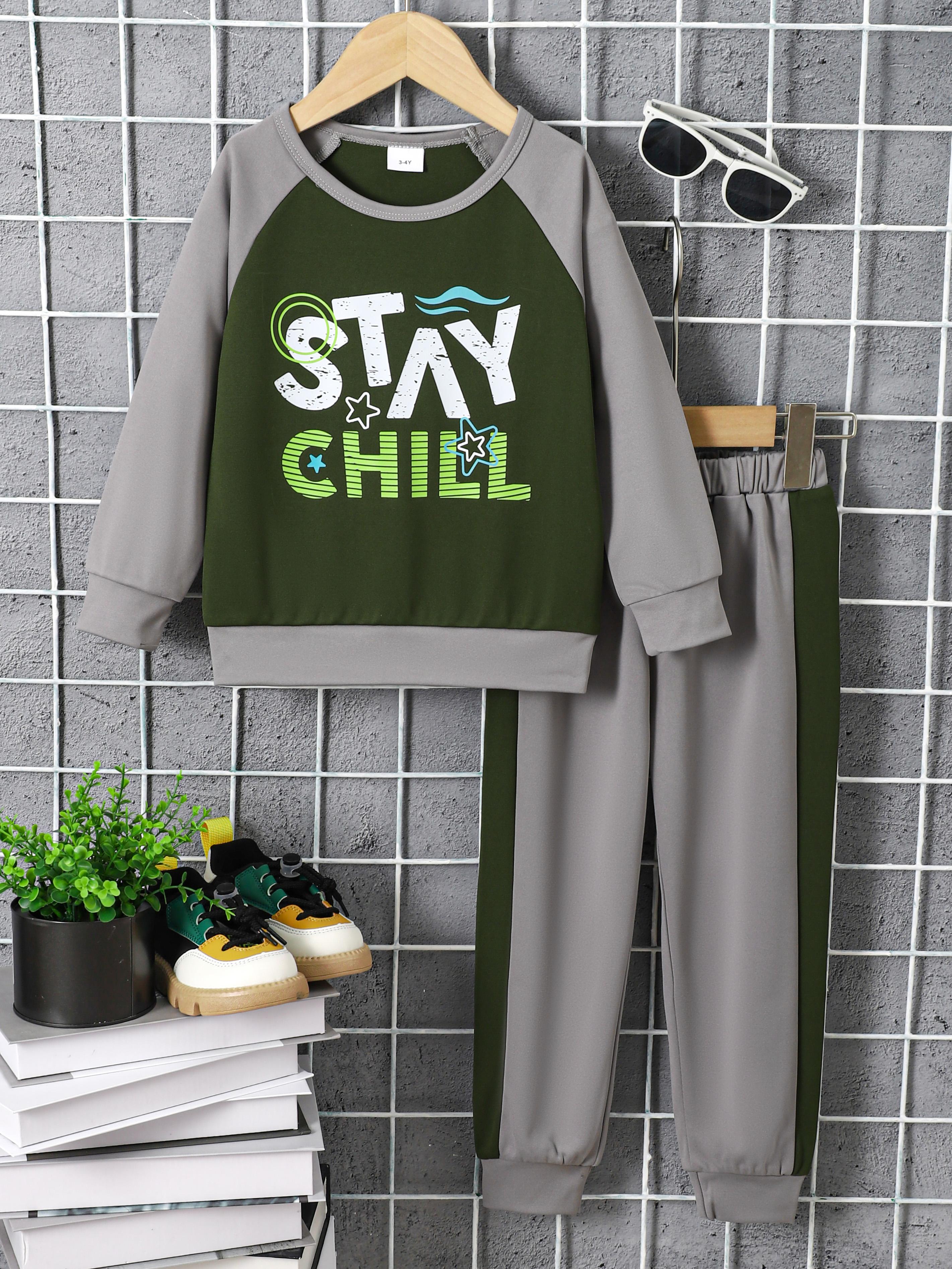 3-8Y Baby Boys Fall Winter Outfits Pants Set Color Block Round Neckline Tops Elastic Pants 2Pcs Casual Clothing From 3y-8y Gray Catpapa 462307152