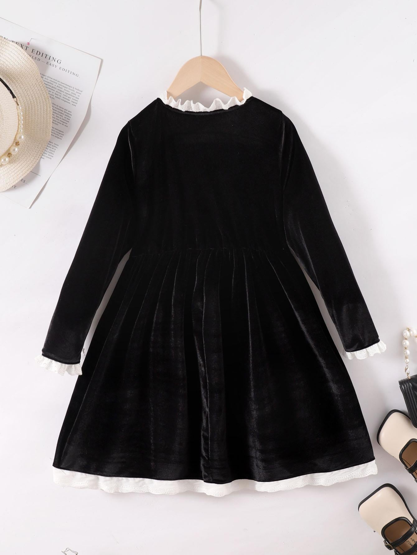 8-14Y Ready Stock Kids Clothes Girls Dress Retro Velvet Lace Solid Color Dress One Piece Leisure Dress Black Catpapa 462304011