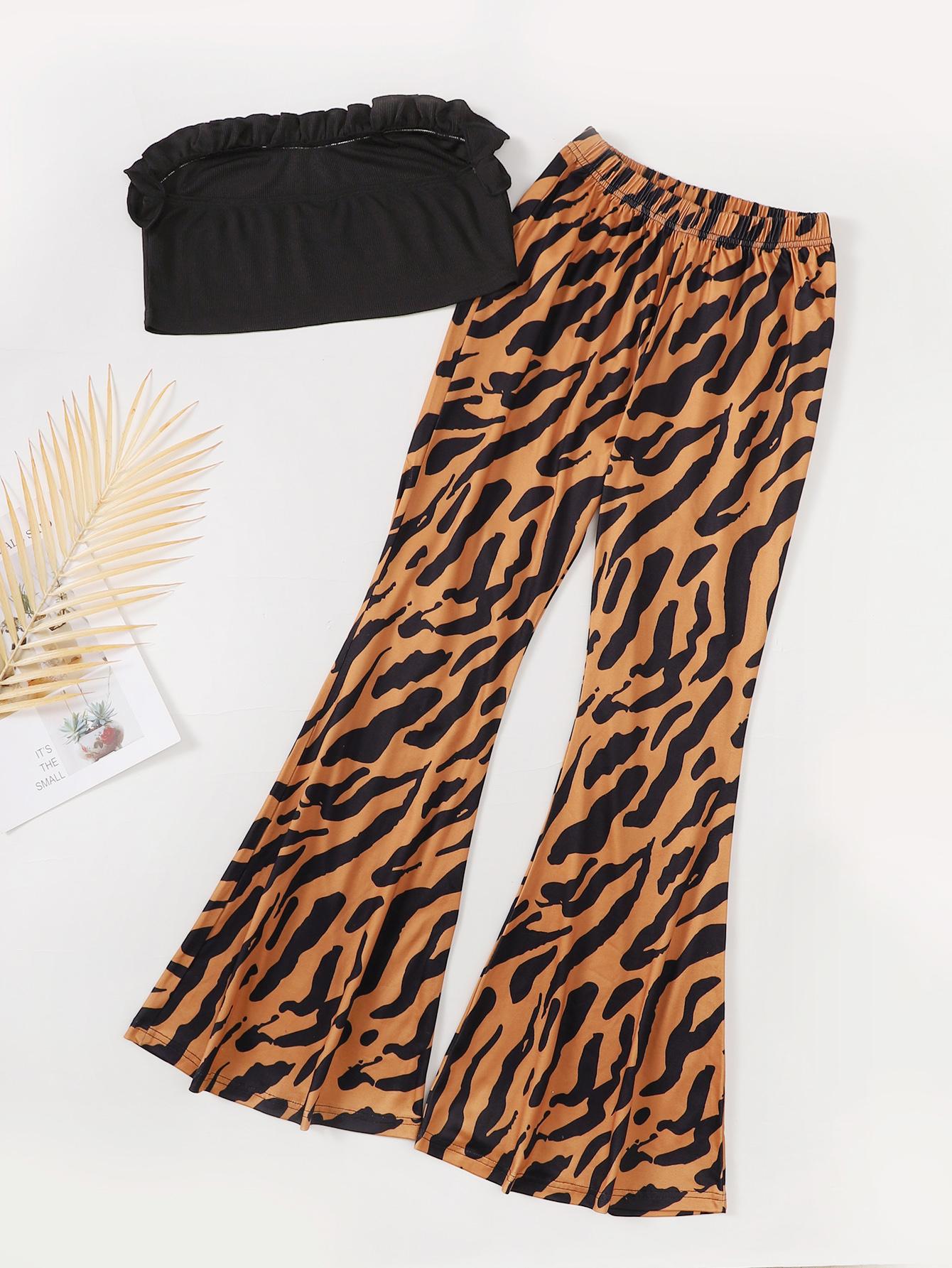 13-16YTeen Girls Ruffled Strapless Tube Top + Tiger Print Bell-bottomed Pants Spring Autumn Clothes 2Pcs Sets Black Catpapa 462310004