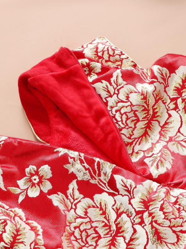 12M-7Y Girls Gauze Satin Dress Tangzhuang Peony Embroidery V-neck Cheongsam Qipao Sleeveless Dress Clothes Red Catpapa YL1193