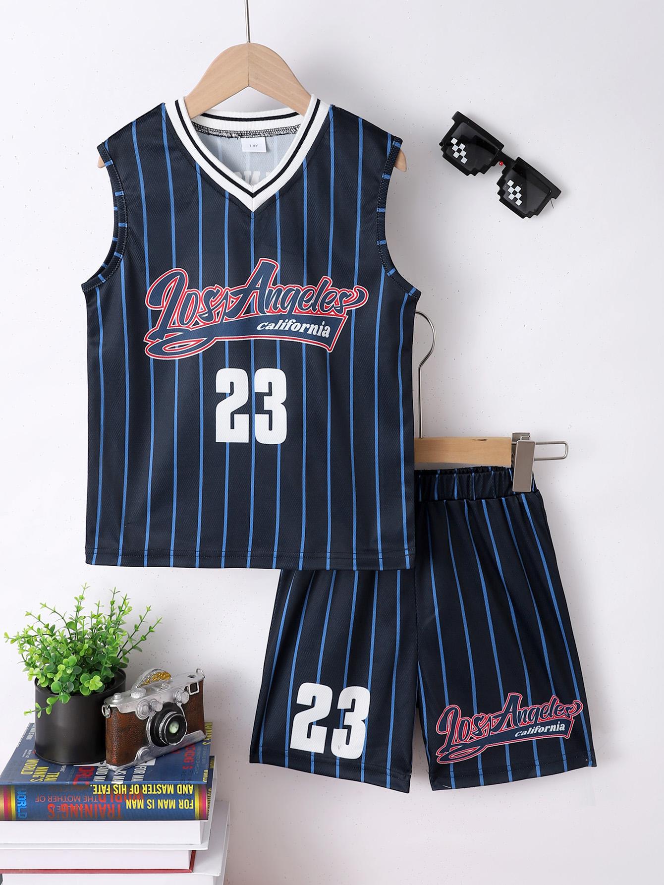 7-15Y Ready Stock Kid Boys Sport Style Clothes Number Print Stripe Sleeveless Tanks Tops Elastic Shorts 2pcs Casual Outfits Black Catpapa 462312004