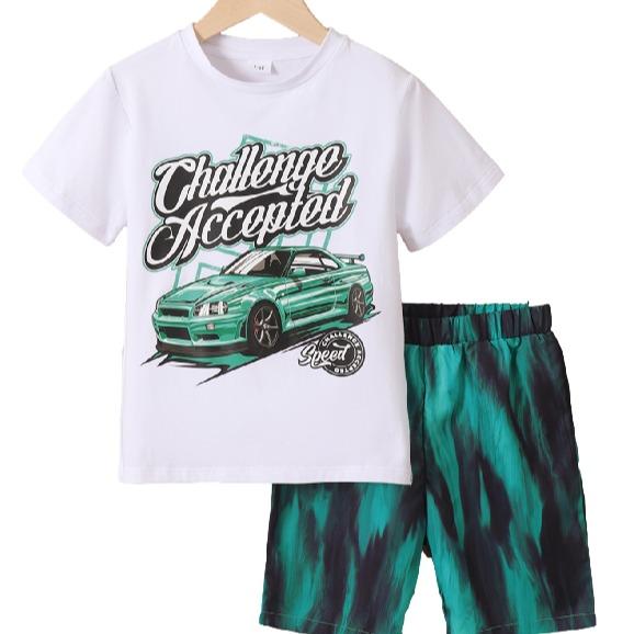 5-12Y Ready Stock Kid Boys Clothes Boys OOTD Car Print Letter Print Summer Tops Elastic Tie-dye Shorts 2Pcs Outfits White Catpapa 462303004
