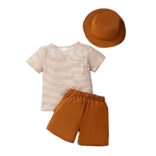 3-7Y Kid Fashion Ready Stock Baby Boys Outfits Stripe Pocket Summer Tops Elastic Shorts Hat 3Pcs Clothes Set Brown Catpapa 212211017