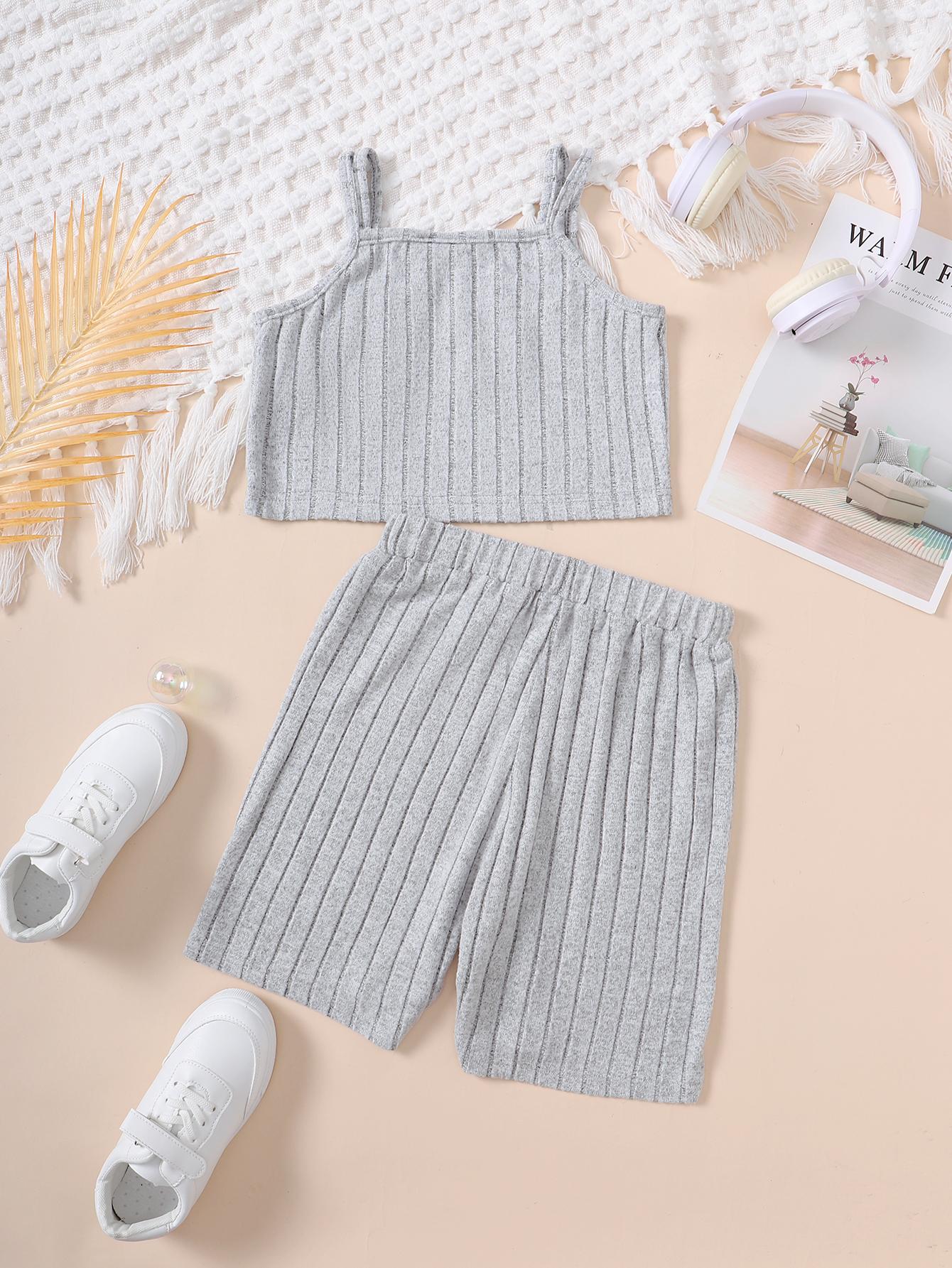 13-16Y Ready Stock Teen Girls Clothes 2Pcs Rib Sets Sleeveless Straps Tops + Elastic Shorts For Summer Outdoor Activities Catpapa 462310001