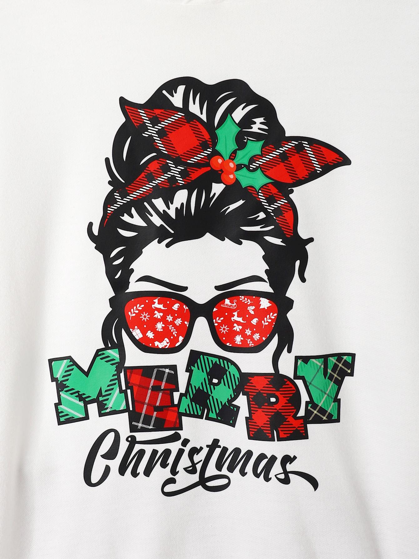 8-14Y 2pcs Girl's MERRY CHRISTMAS Print Outfit Hooded Long Sleeve Top, Flared Pants Kid's Clothes Set For Spring Fall Winter White Catpapa 462307026