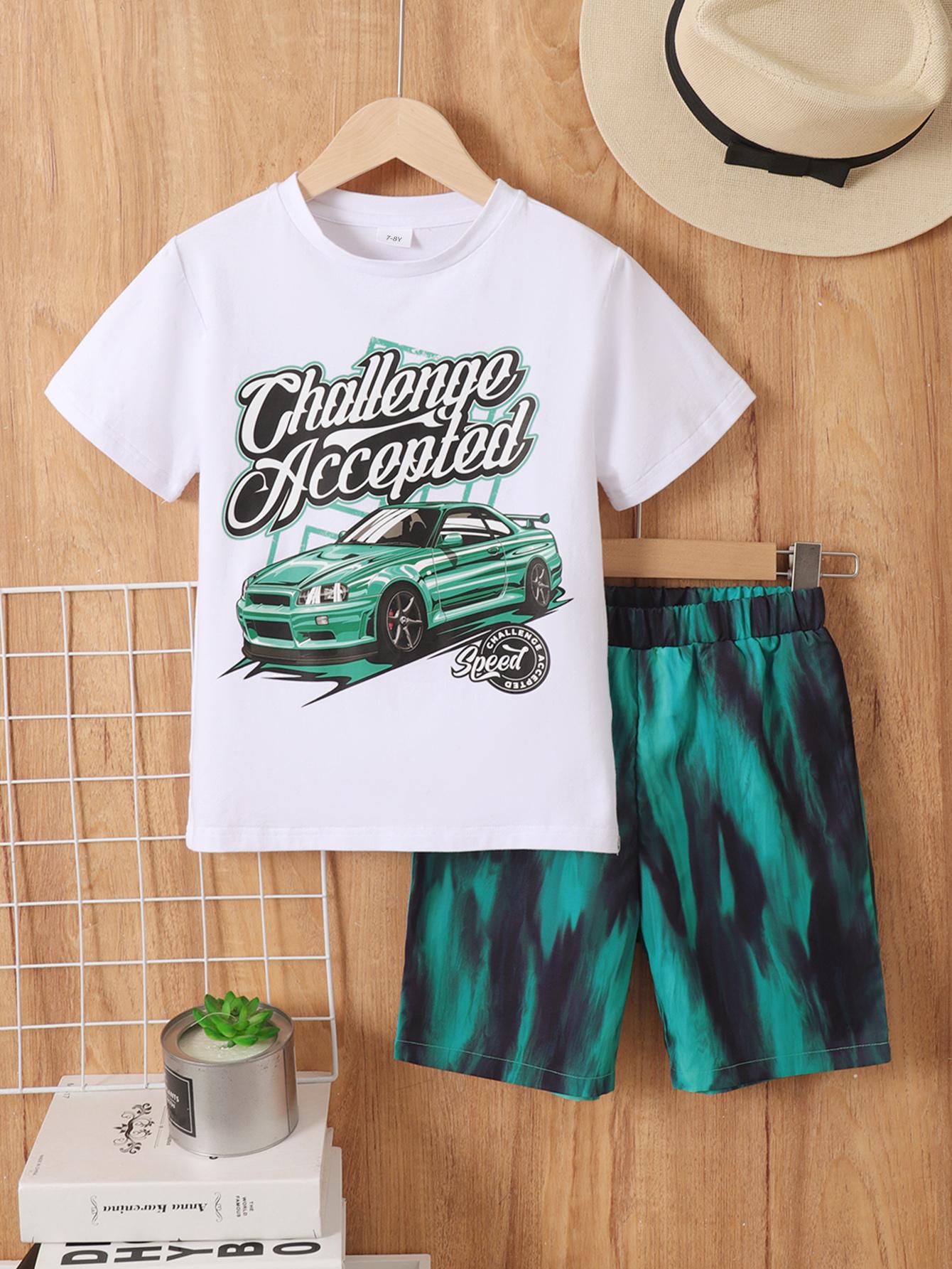5-12Y Ready Stock Kid Boys Clothes Boys OOTD Car Print Letter Print Summer Tops Elastic Tie-dye Shorts 2Pcs Outfits White Catpapa 462303004