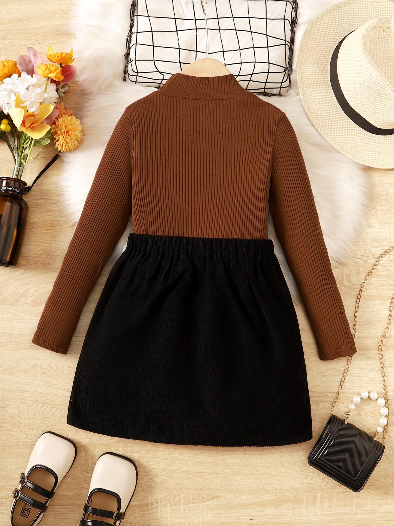 5-14Y Kids Clothes Girls Skirts Sets For Spring Autunmu Stand-up Collar Solid Color Tops Button Skirts 2Pcs Brown Catpapa 462305005