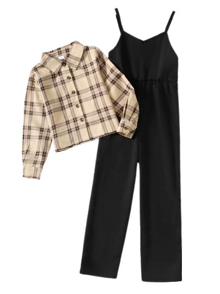 8-14Y Girls Ready Stock Kids Girls Outfits Straps Jumpsuits Plaid Print Turn-down Collar Coat 2Pcs Nice Apparel Clothes Set Black Catpapa 462307010