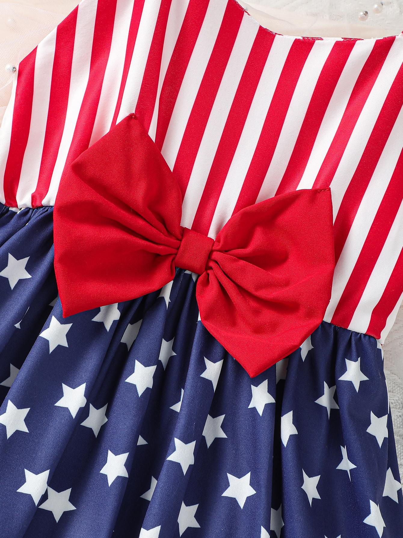 2-7Y Ready Stock Baby Girls Dress Stars and Stripes Bow Straps Dress One Piece Dress For Independence Day Catpapa 623030001