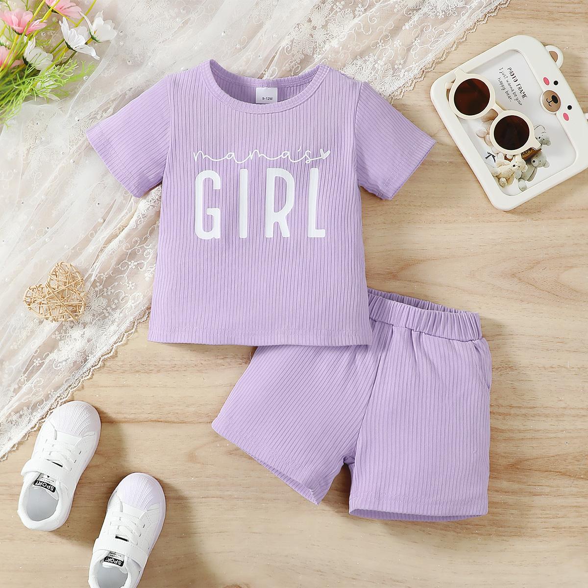 6M-3Y Ready Stock Baby Girls Summer Outfits "Mama's Girl" Print Casual Set, Ribbed T-shirt & Shorts, 2Pcs Clothes From 6M-3Y Catpapa GS132312159