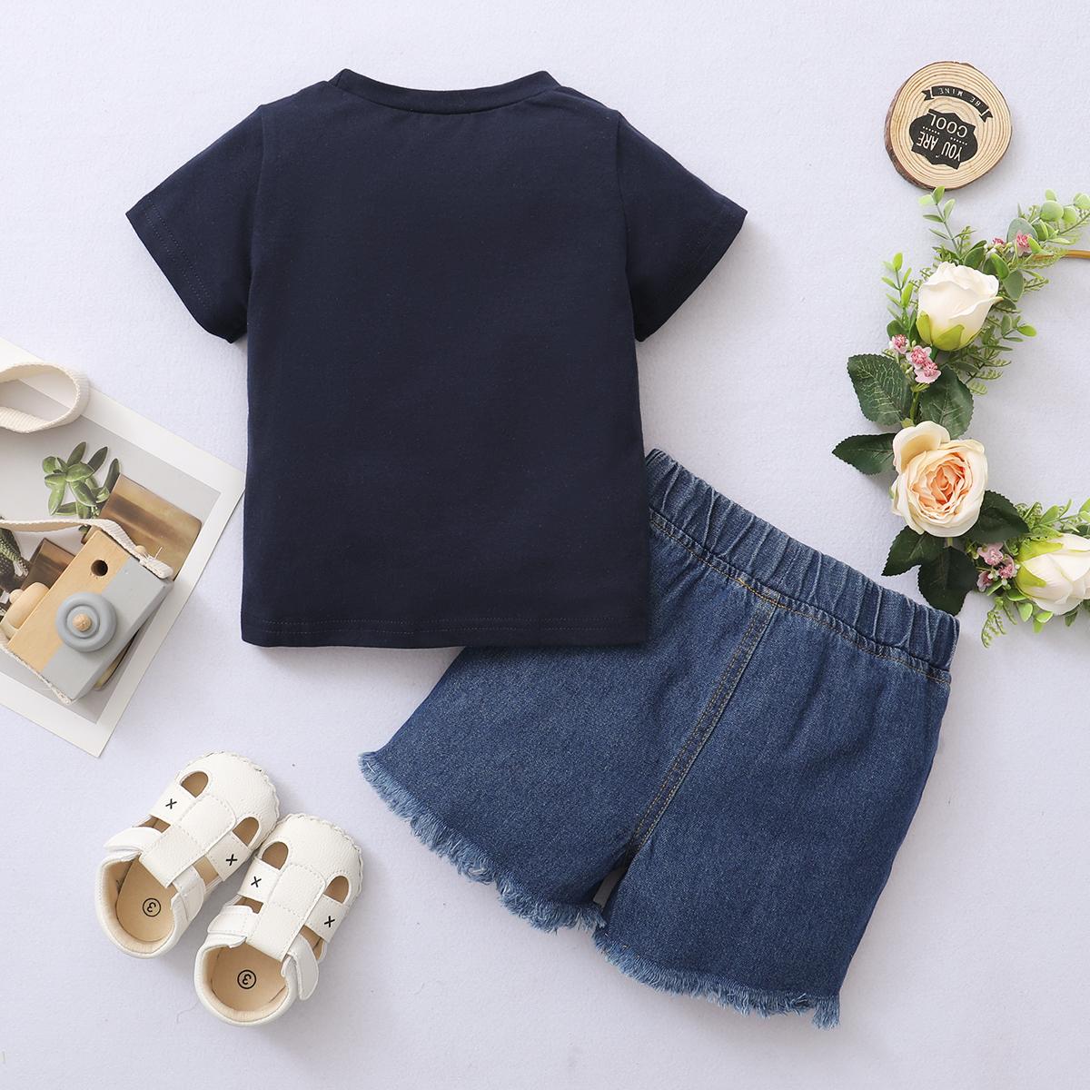 12M-4Y Kids Fashion Boys Clothes Letter Print Tops Ripped Jeans Shorts 2PCS Black Catpapa 12011047