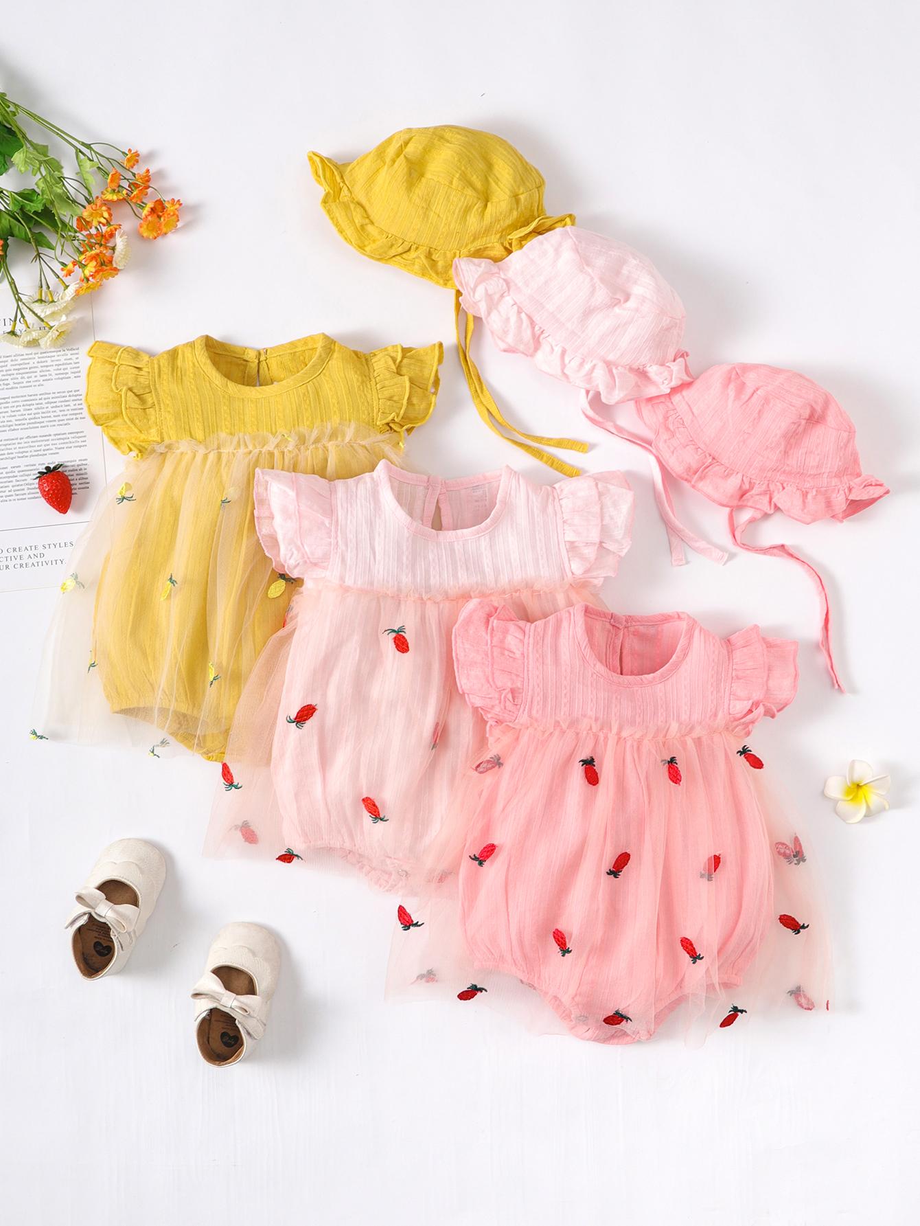 2-15M Kid Fashion Ready Stock Girls Clothes Summer Sleeveless Gauze Dress Romper With Hat 2Pcs Set Catpapa ZX-ZB033
