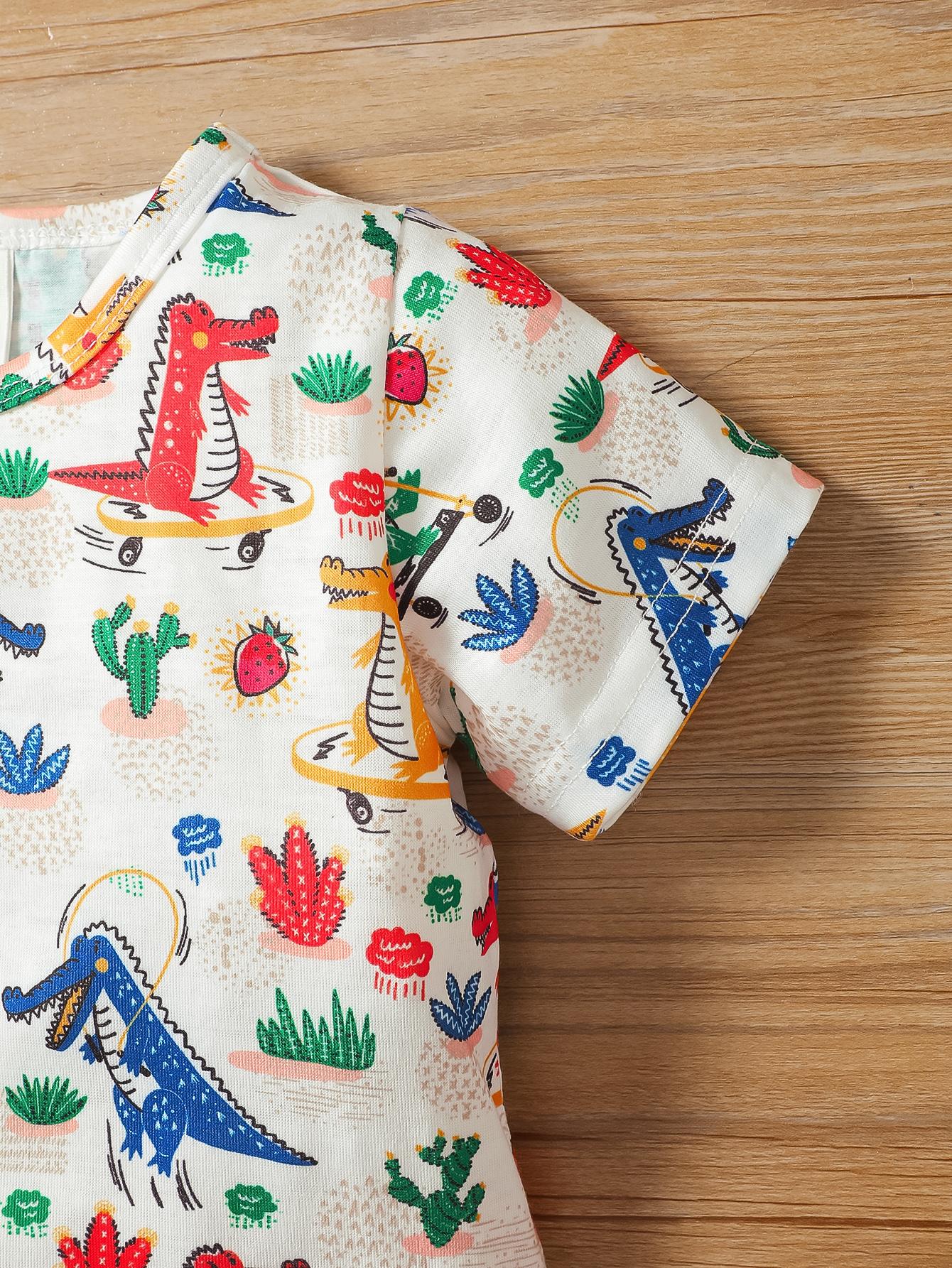 6M-3Y Kid Fashion Ready Stock Baby Boys Clothes OOTD Dinosaur Short Sleeve Elastic Pants Hat 3Pcs Outfits Gray Catpapa 122205754