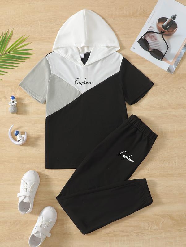 8-14Y Ready Stock Stylish Summer Outfit for Boys: Color Block & Letter Graphic Print Tee & Long Pants Set From 8Y-14Y Catpapa JIT10792438