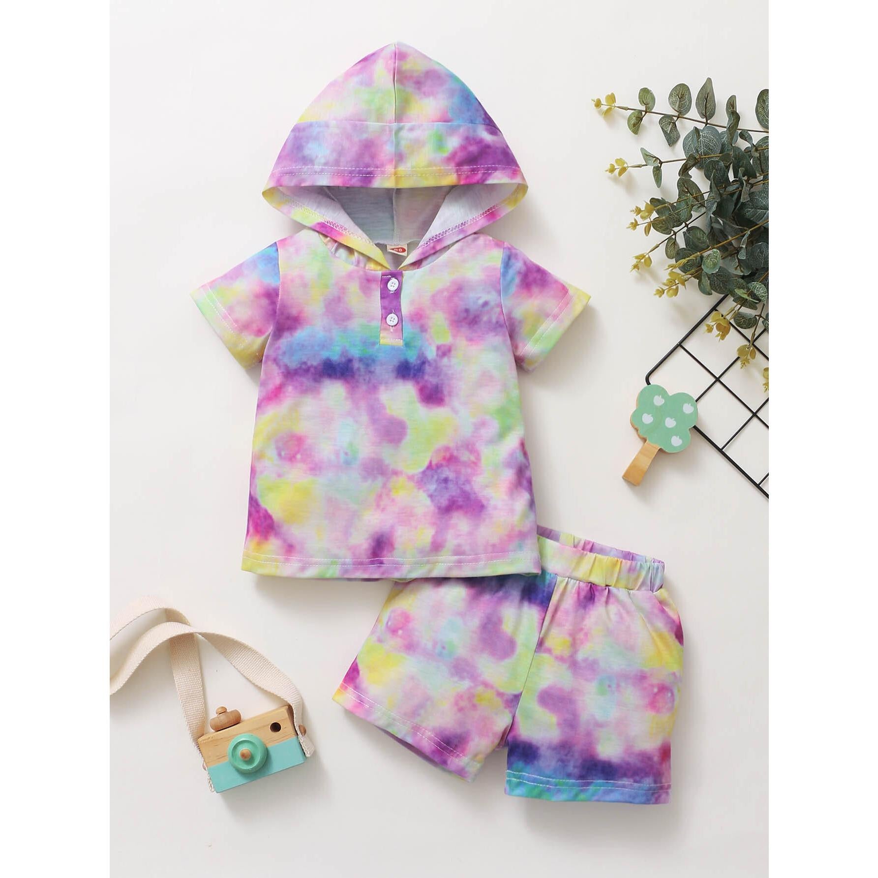 3-24M Kids Fashion Girl Clothes Shorts Outfits Tie-dyed Hooded Short Sleeve Shirt Top Shorts Set Catpapa 22011261
