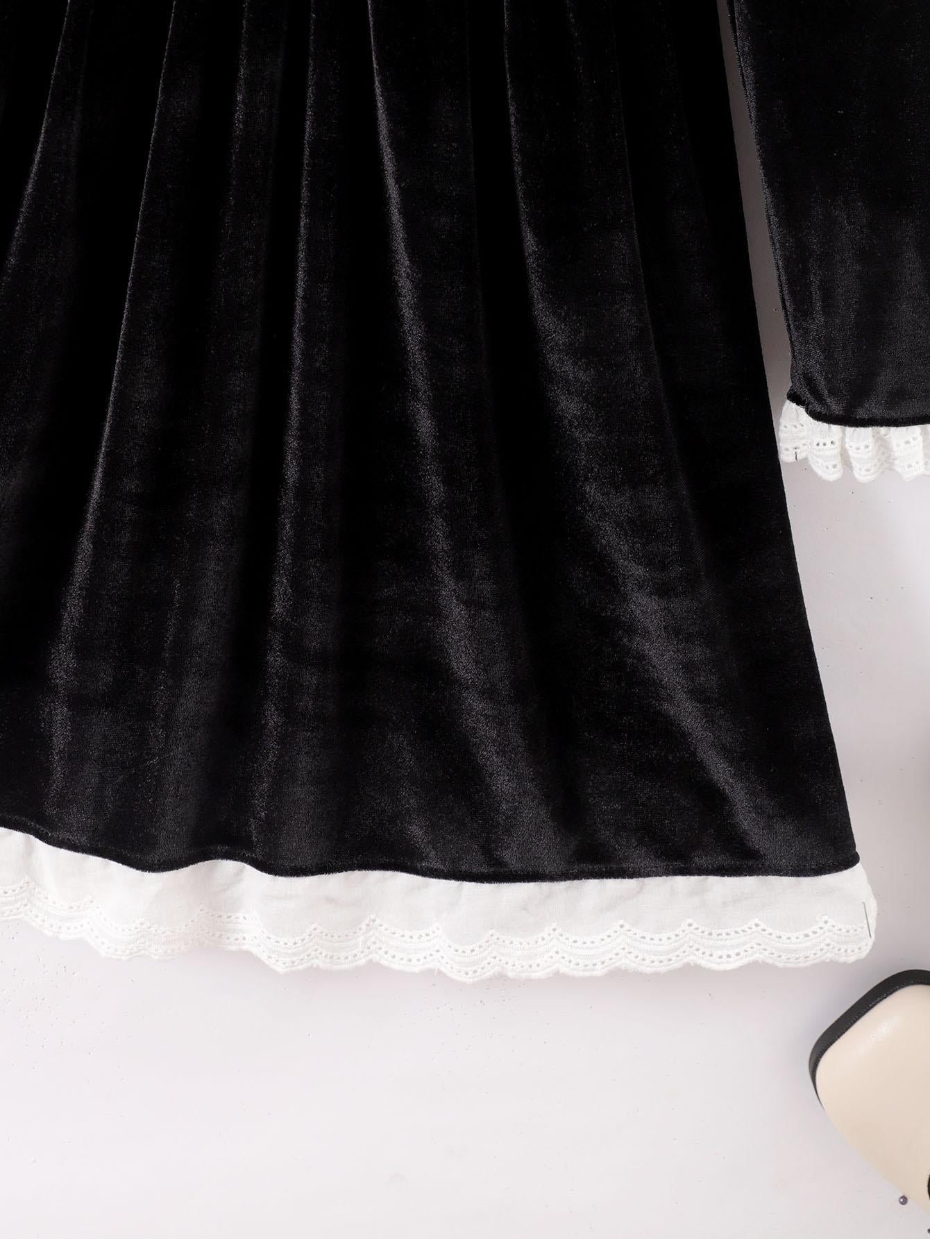 8-14Y Ready Stock Kids Clothes Girls Dress Retro Velvet Lace Solid Color Dress One Piece Leisure Dress Black Catpapa 462304011